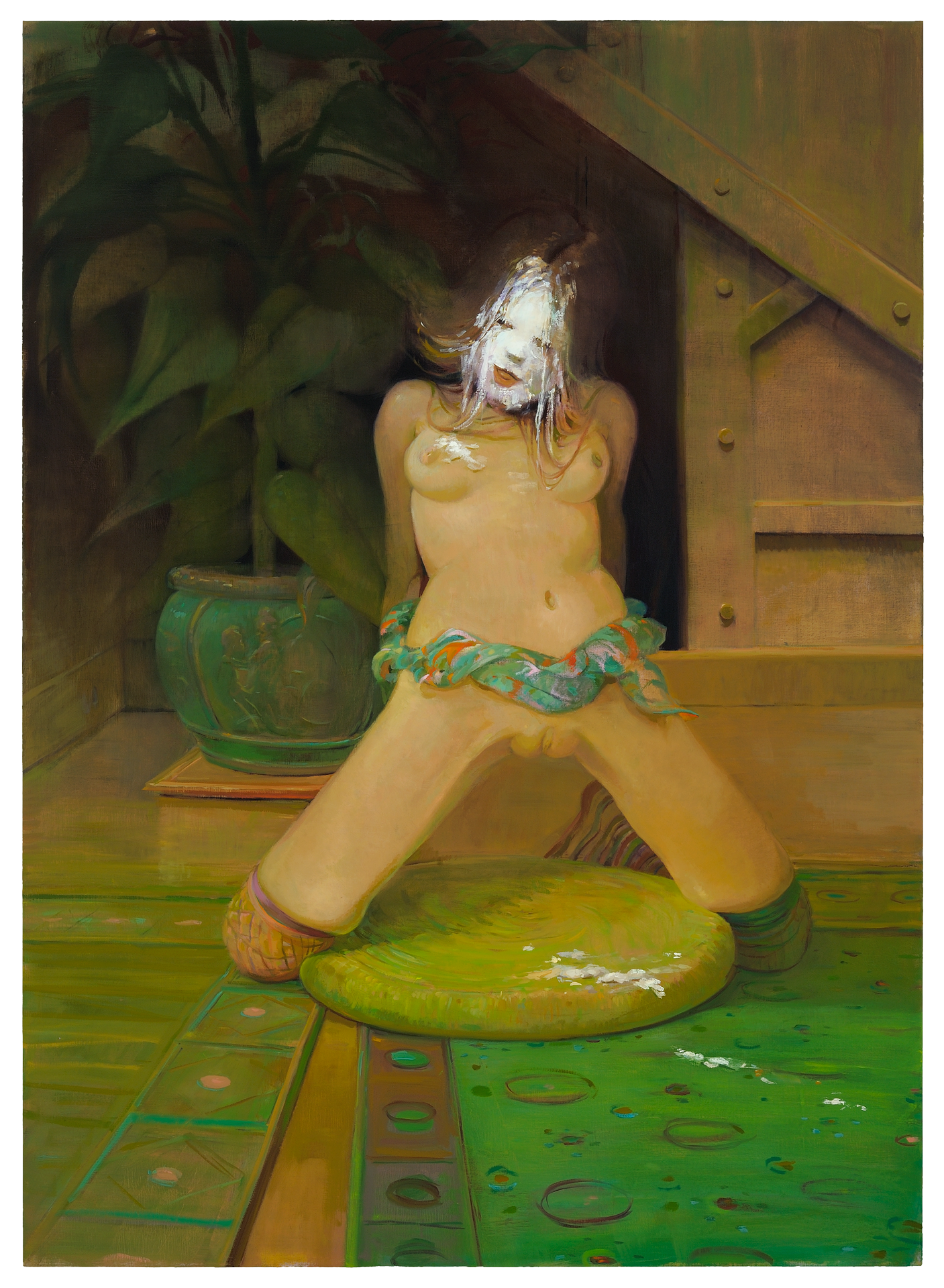 A painting by Lisa Yuskavage, titled Figure in Interior, dated 2008.