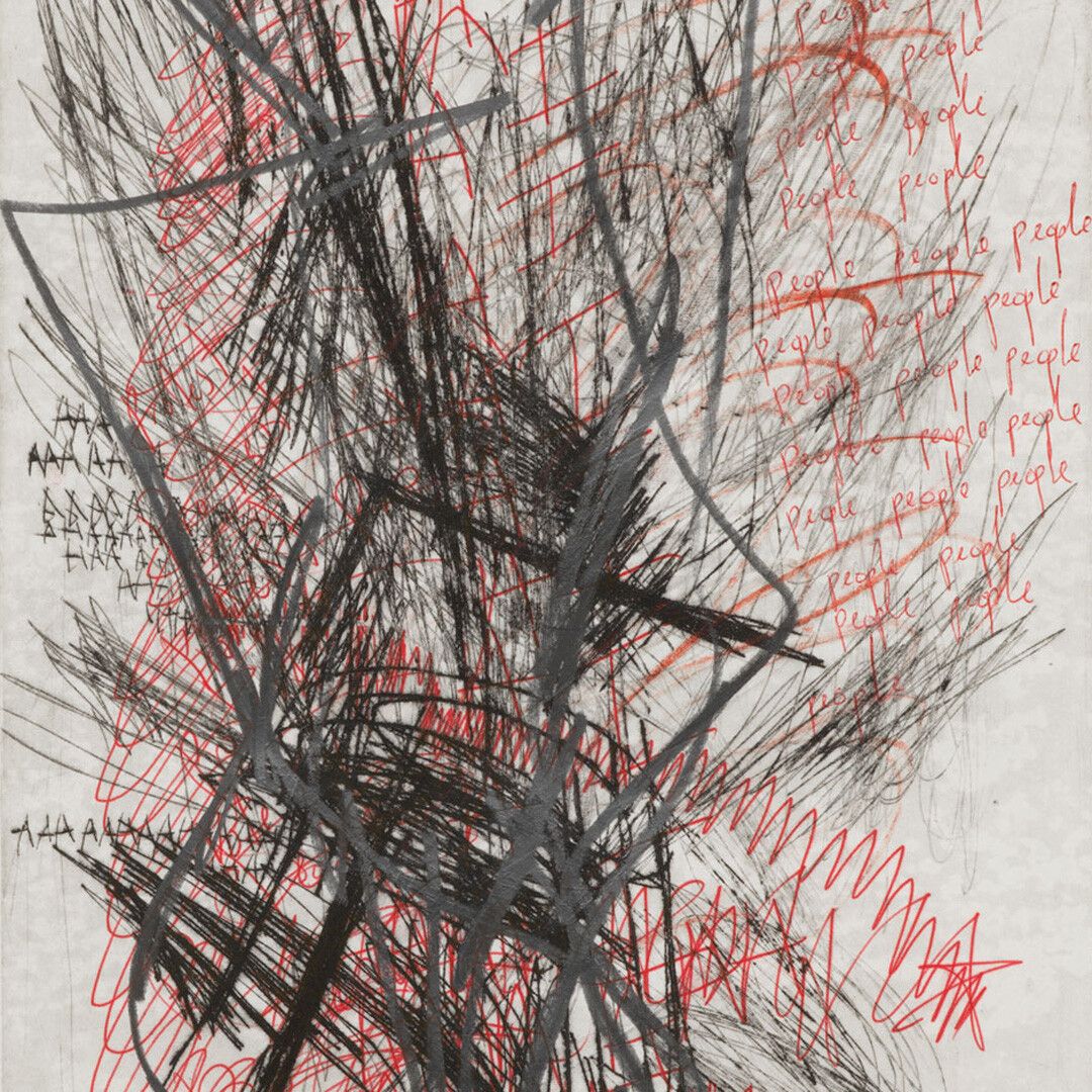 A work on paper by Oscar Murillo, titled (untitled) poetics of flight, dated 2019