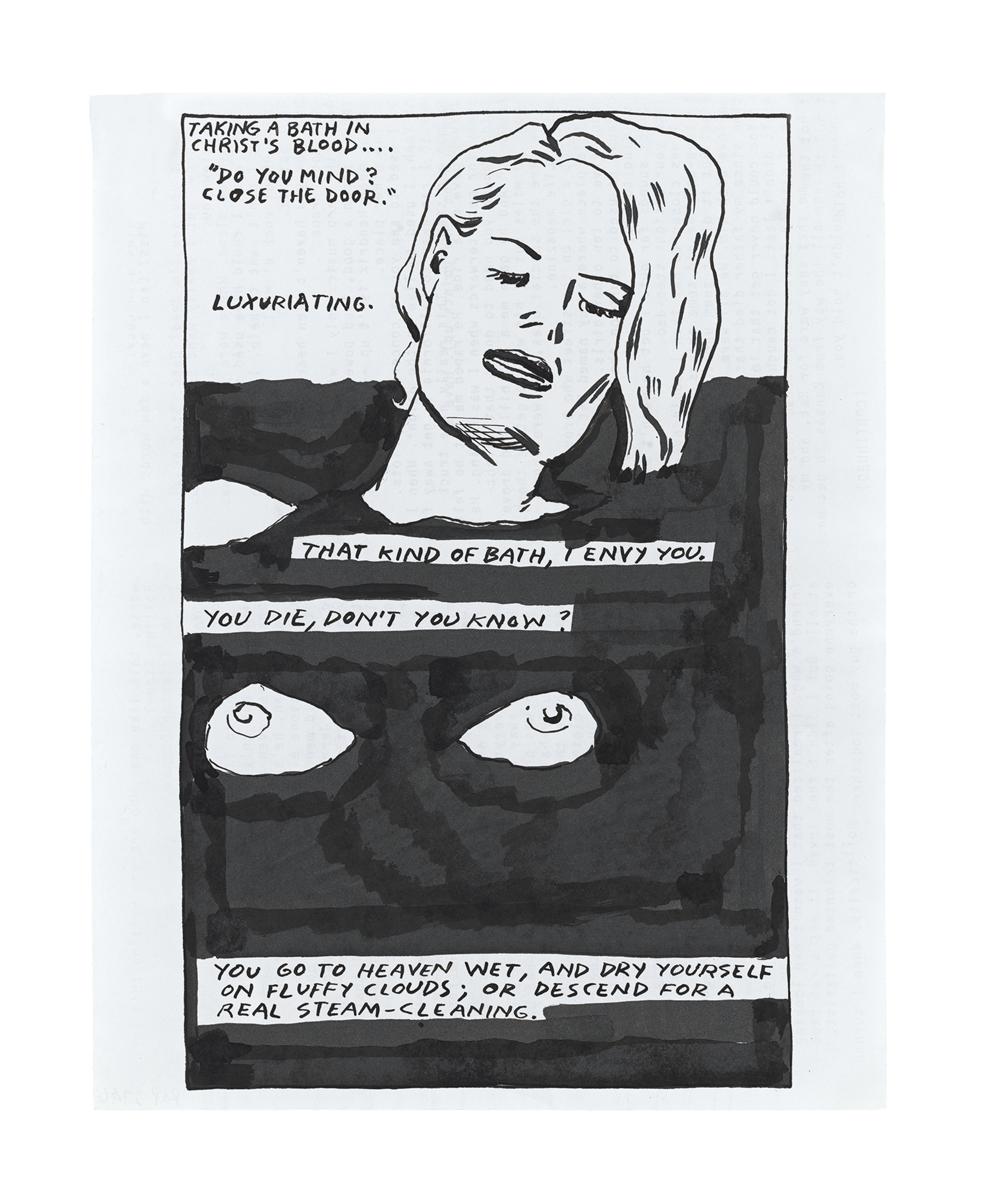 A drawing by Raymond Pettibon titled No Title (Taking a bath...), dated 1986.