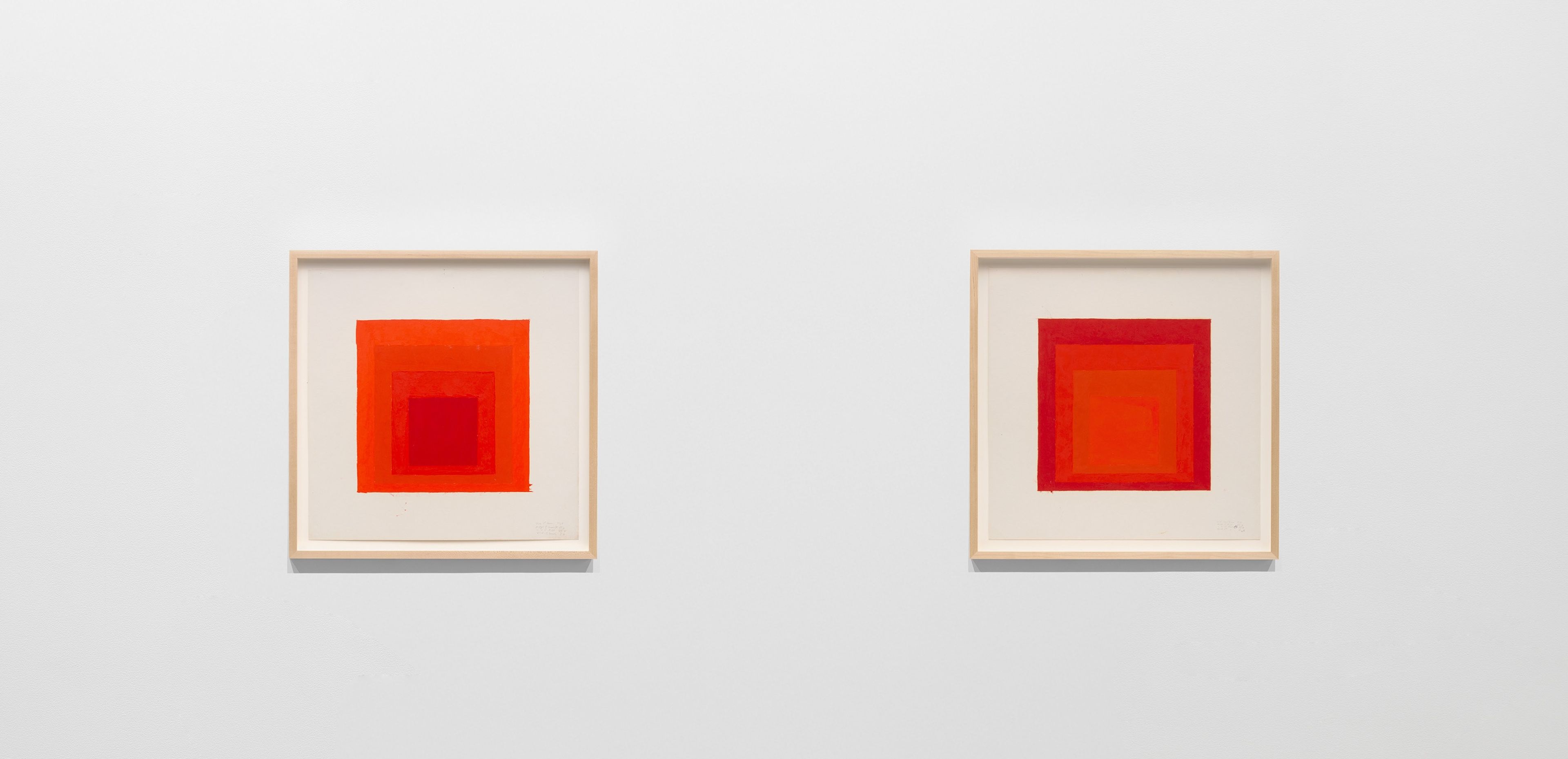 Artworks by Josef Albers titled Study for a Homage to the Square, circa 1970-1973 on the left and Study for a Homage to the Square, circa 1970-1973 on the right