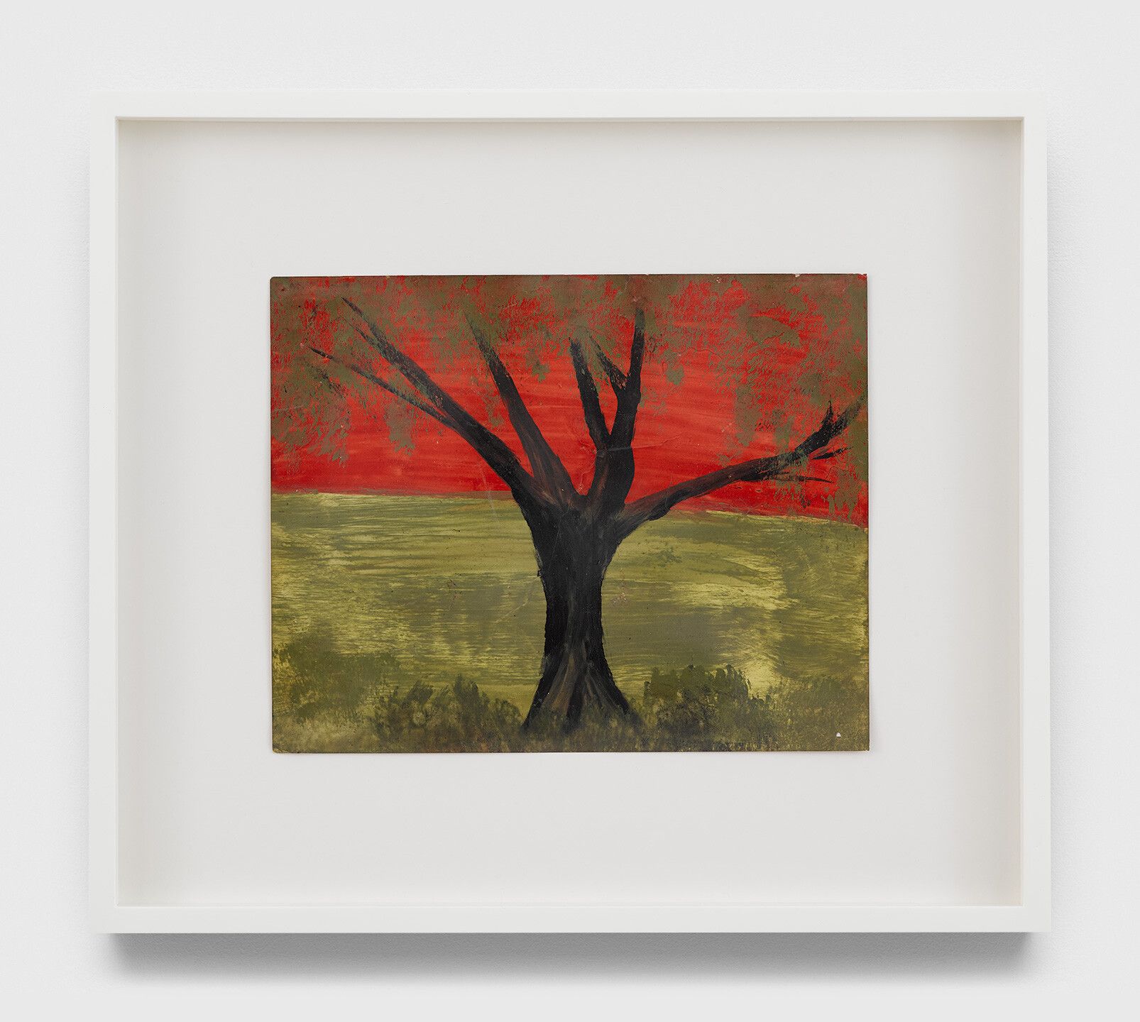 An undated oil painting on back of photograph by Frank Walter, titled Untitled (Red sky with single black trunk tree and golden foliage).