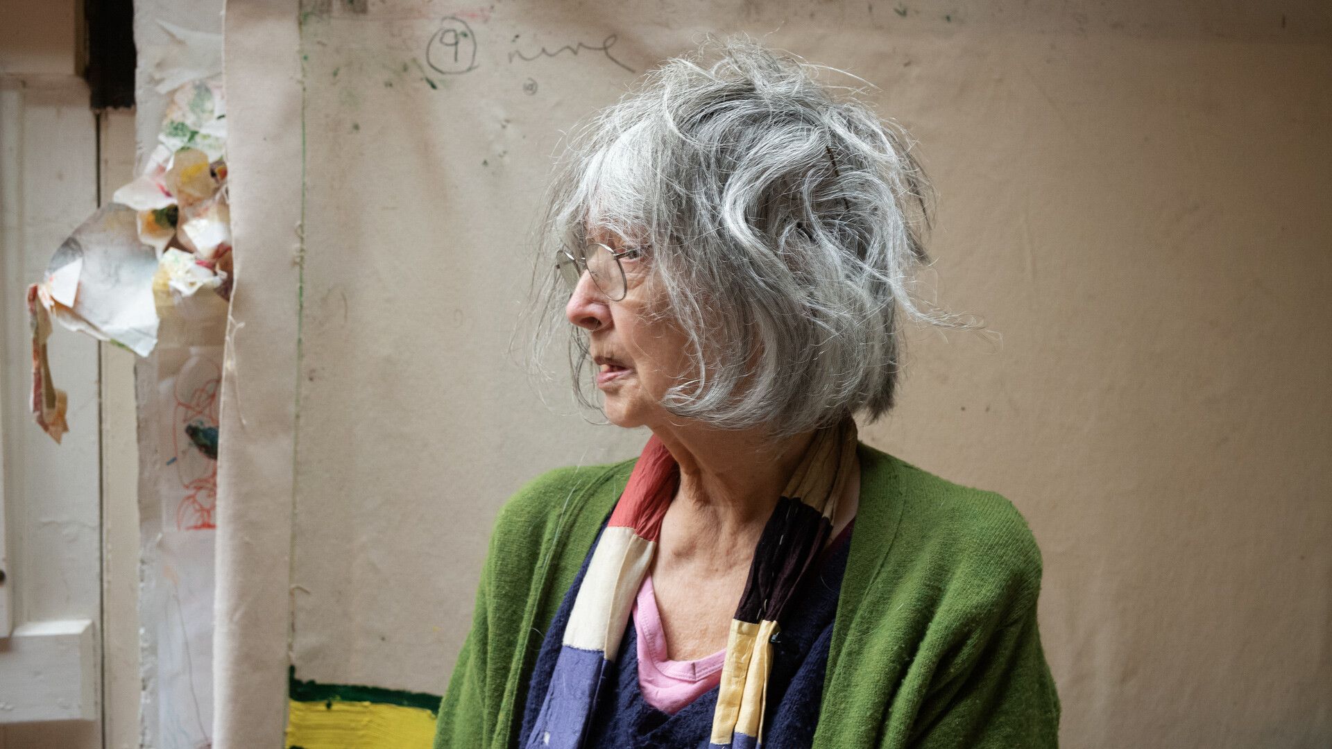 A photograph of Rose Wylie in her studio, dated 2019
