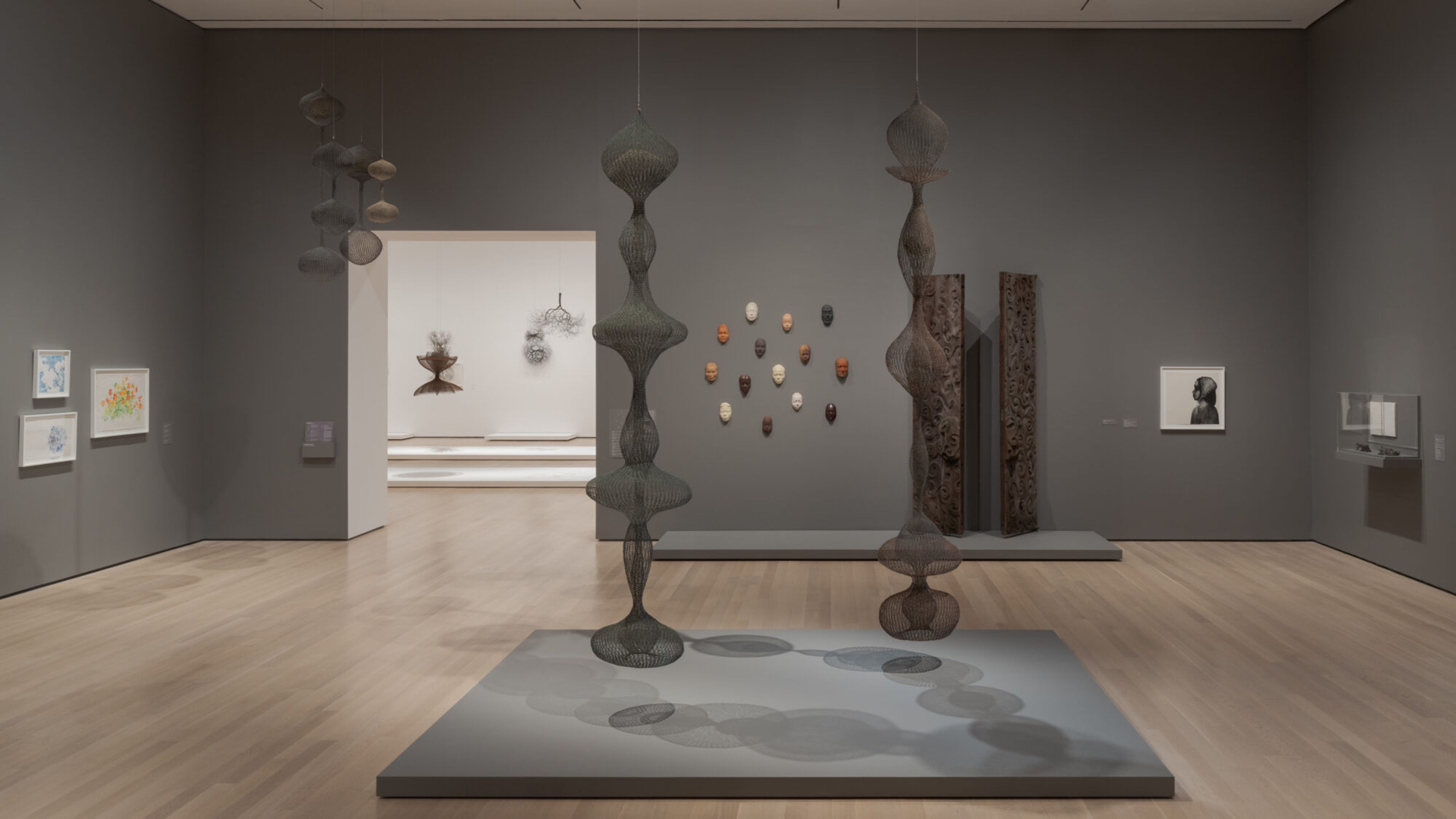 Installation view of the exhibition Ruth Asawa: A Retrospective at The Museum of Modern Art in New York, United States, dated October 19, 2025–February 7, 2026.