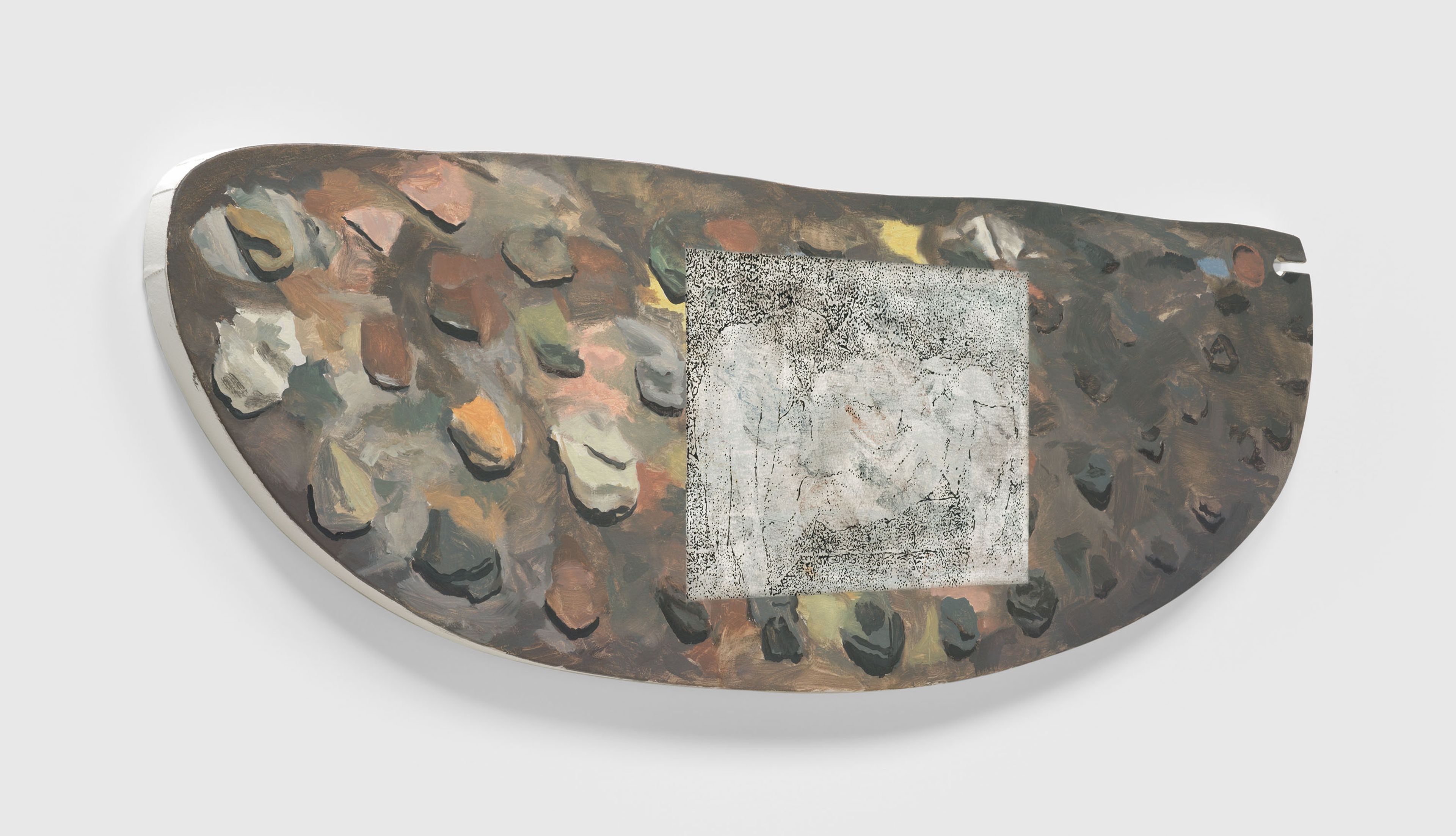 A painting by Nate Lowman, titled Palette with Unmade Bed, dated 2025.