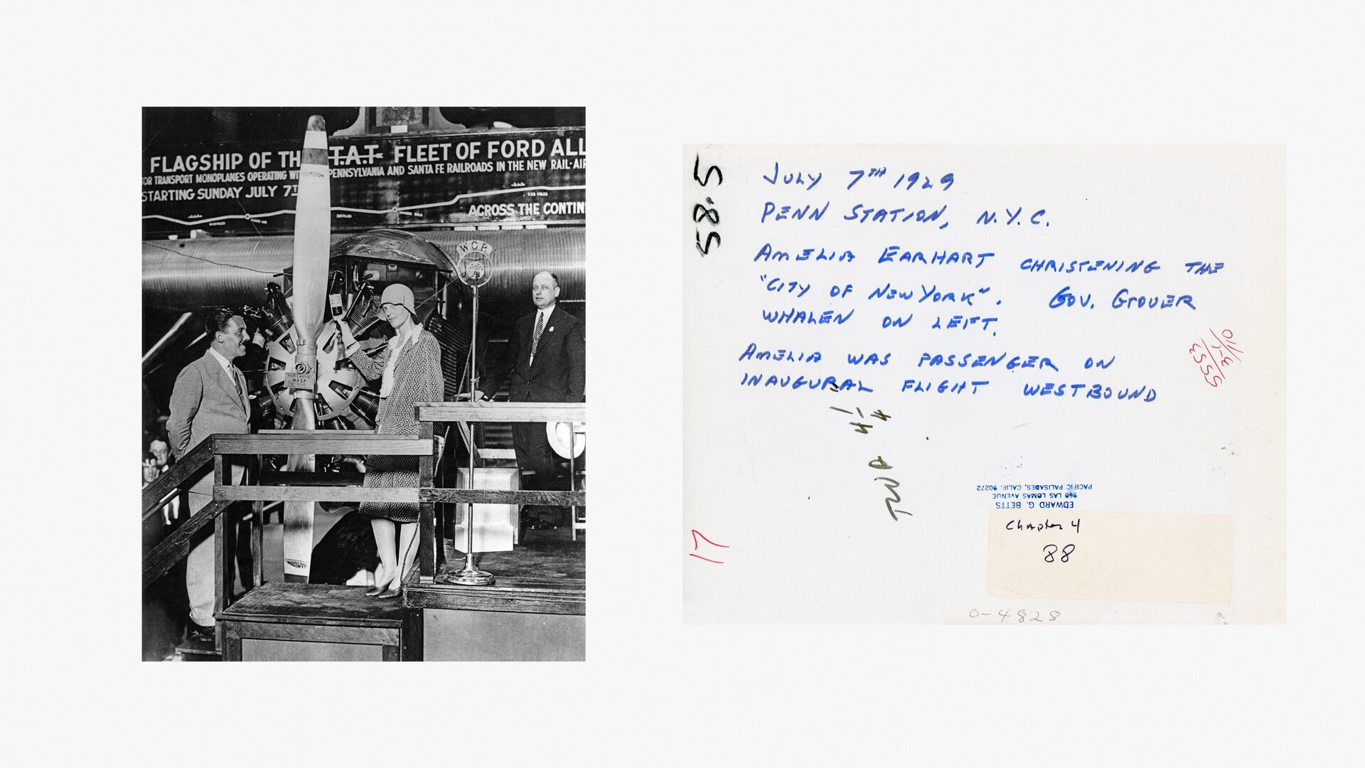 Front and back of photograph of Amelia Earhart christening the Ford Tri-Motor “City of New York” at Penn Station, dated 1929