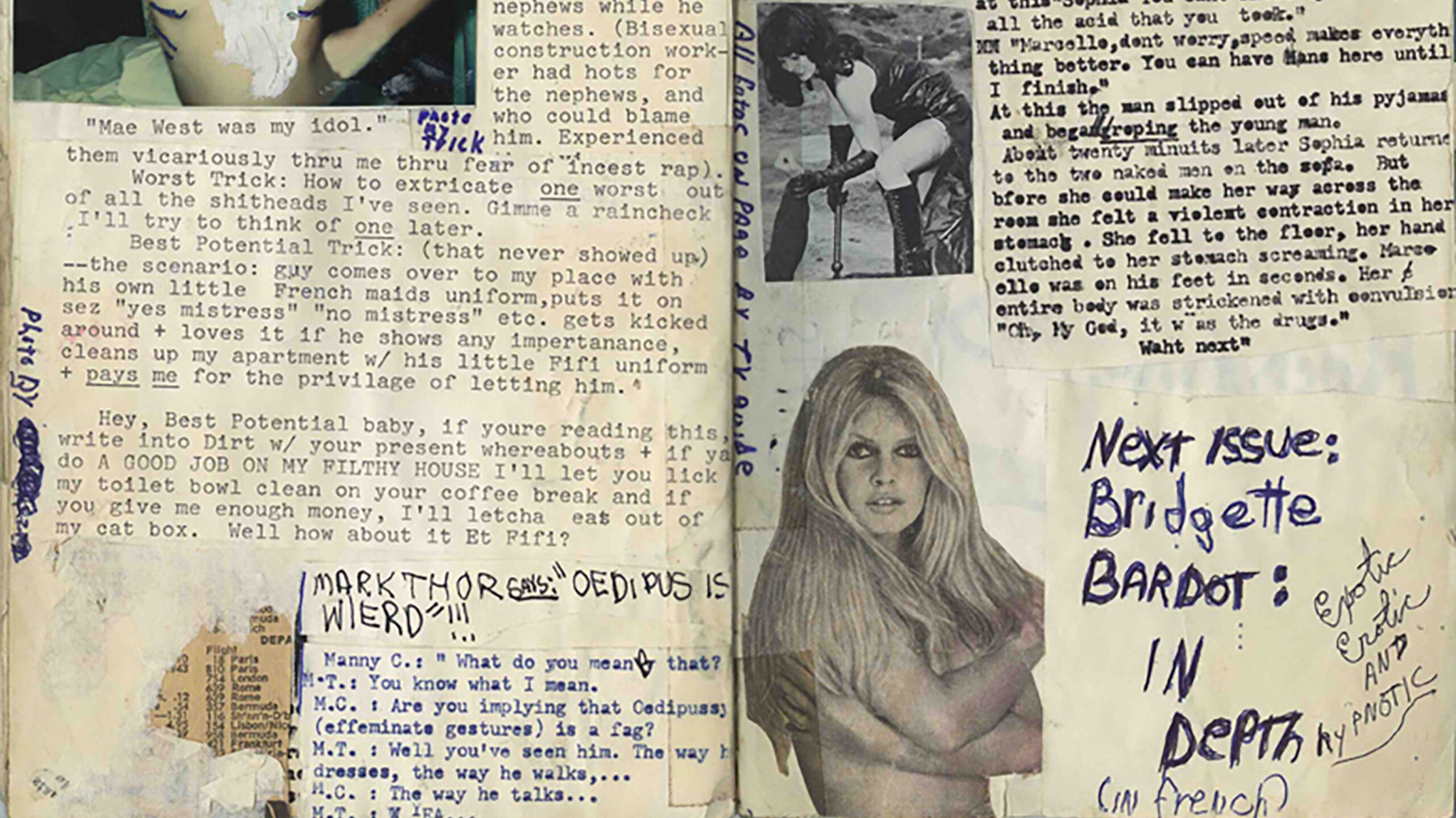A photo of a page from a homemade magazine titled Dirt, made by Mark Morrisroe.