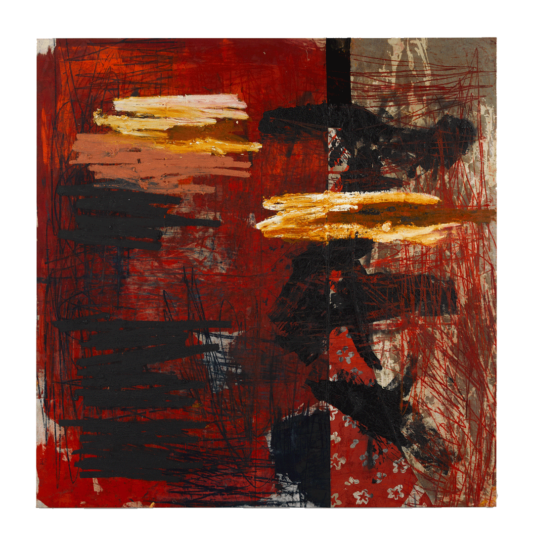 A painting by Oscar Murillo, titled manifestation, dated 2018-2019.