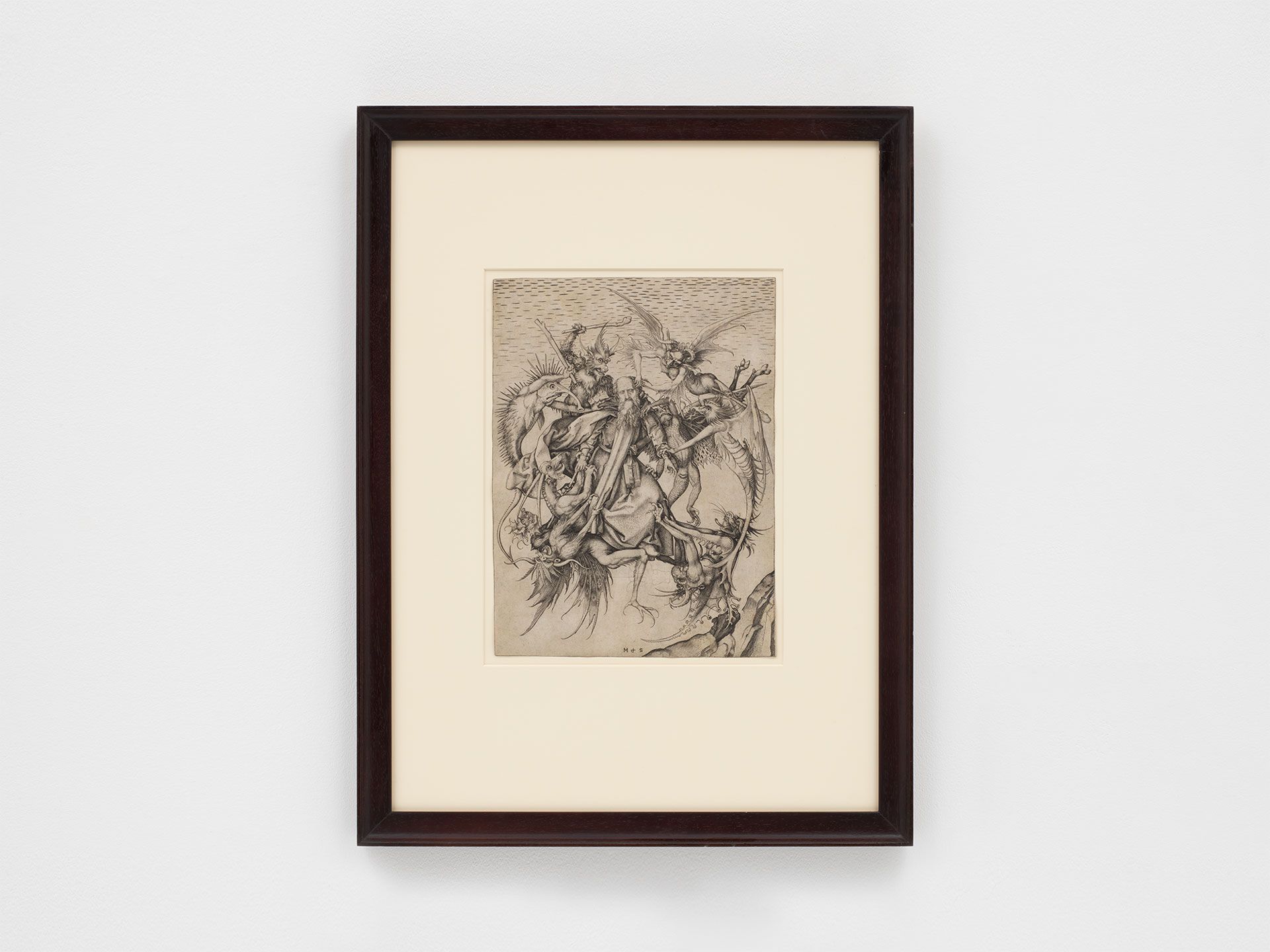 A print by Martin Schongauer, titled The Temptation of Saint Anthony, circa 1475.
