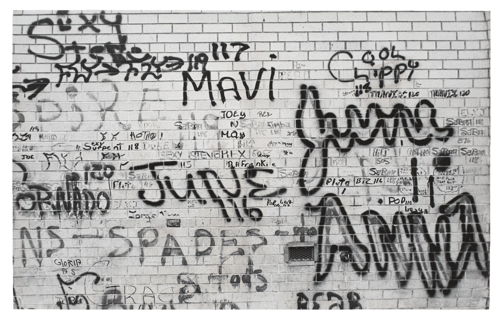 A photograph by Gordon Matta-Clark, titled Graffiti: June, dated 1973.
