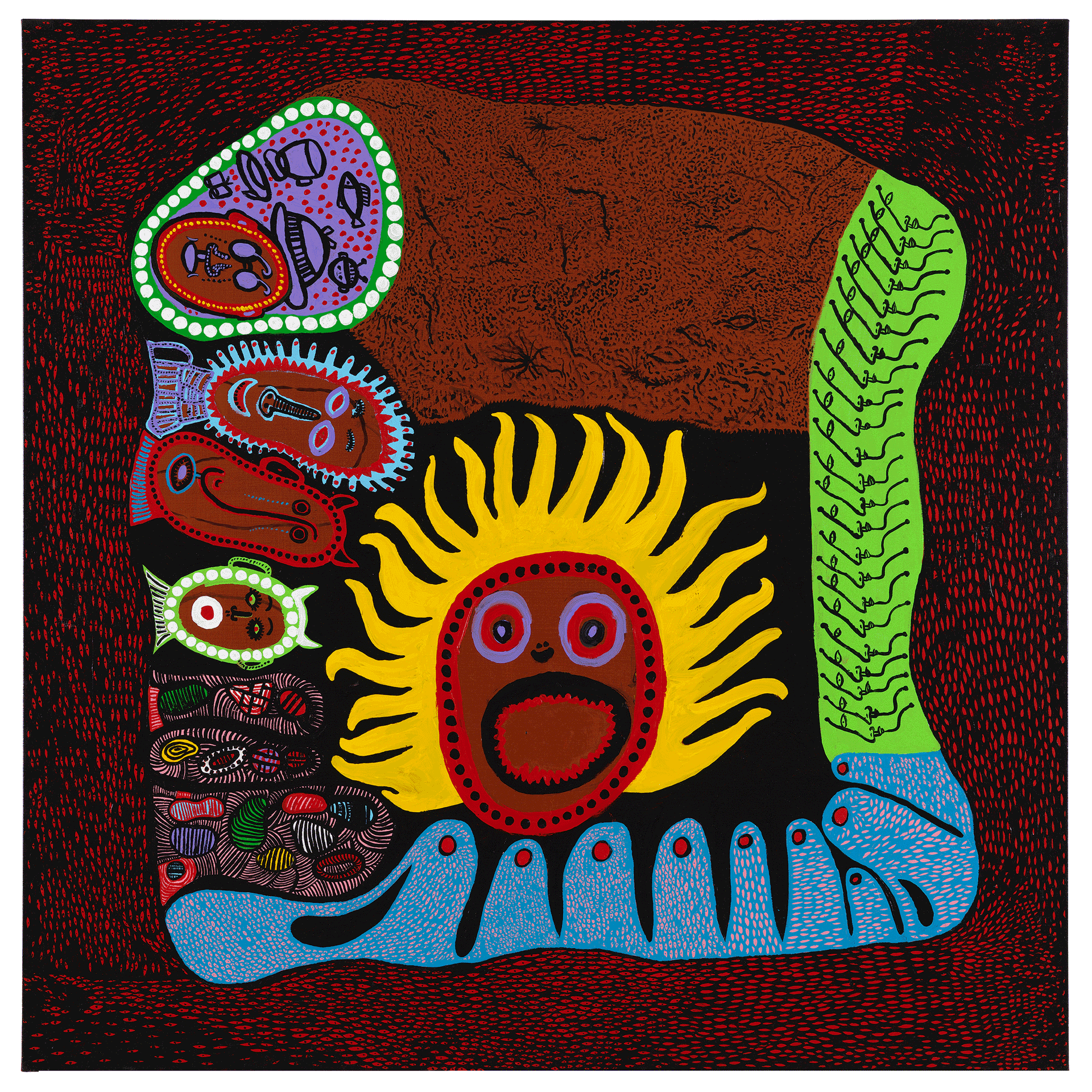 A painting by Yayoi Kusama, titled Let's Stop the War, dated 2015.
