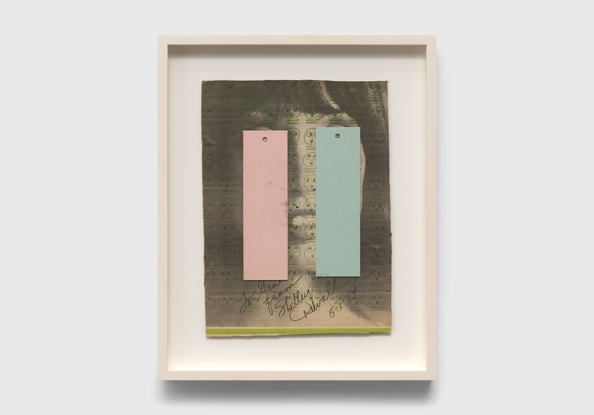 A collage on corrugated cardboard by Ray Johnson, titled Untitled (To Gino From Shelley Duvall), dated 1994.