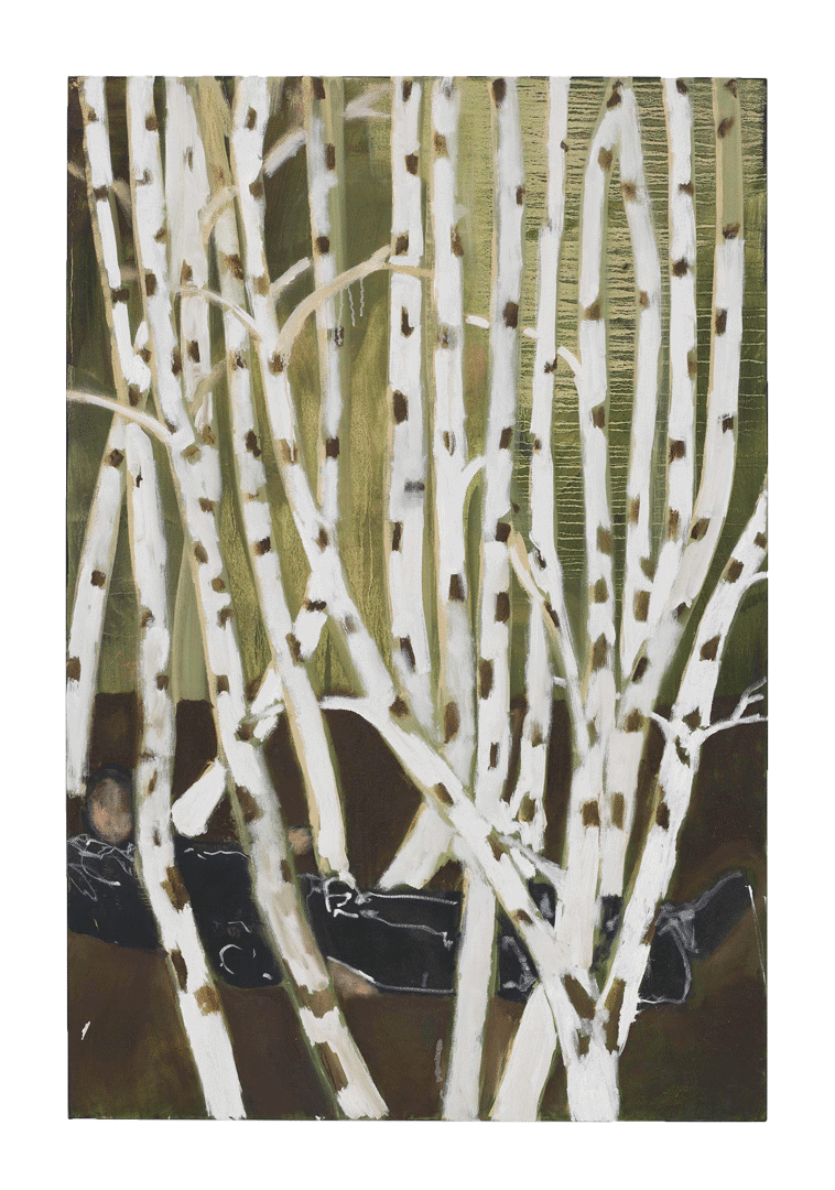 A painting by Noah Davis, titled Untitled (Birch Trees), dated 2010.