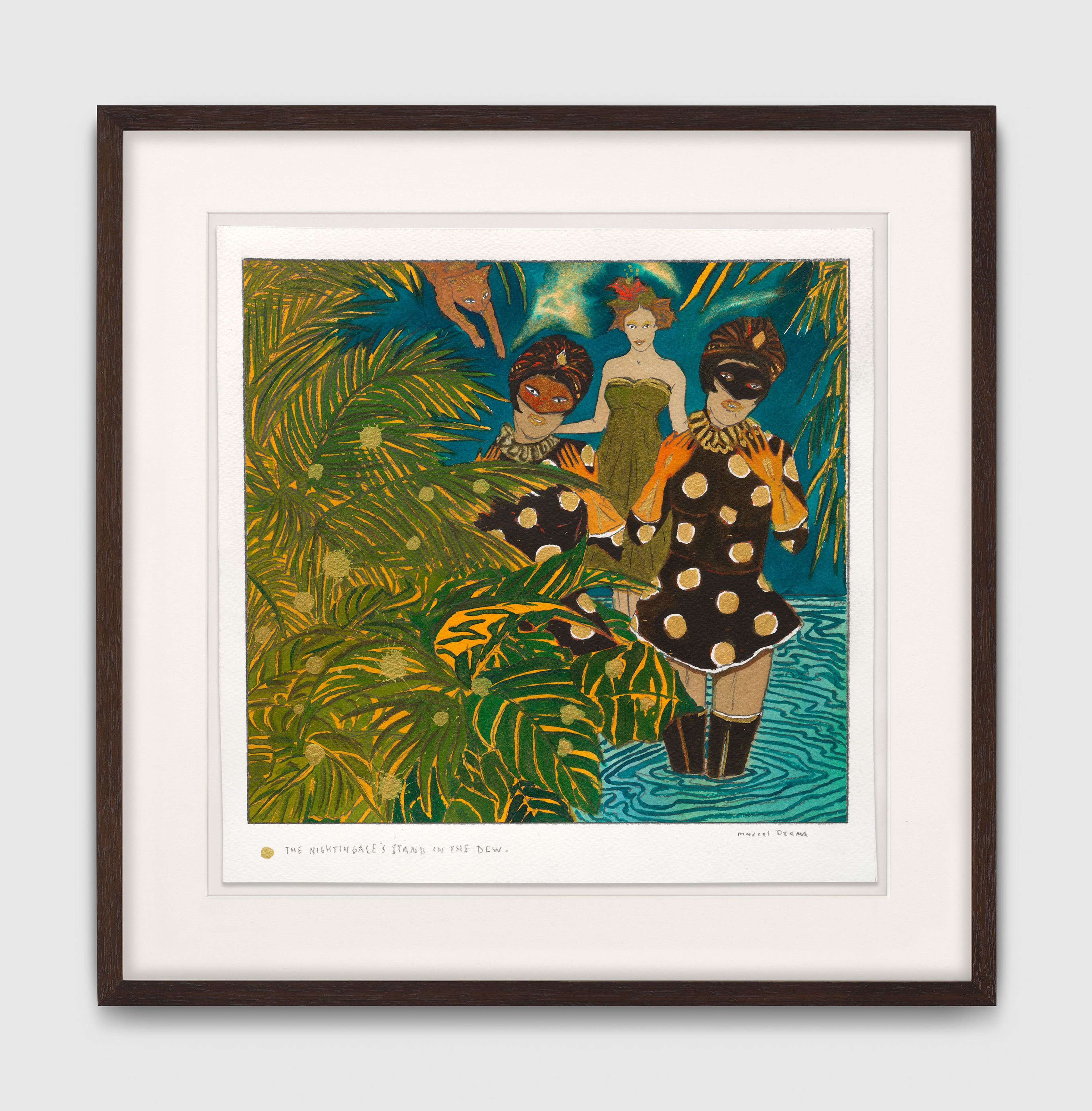A work on paper by Marcel Dzama, titled The nightingales stand in the dew drops, dated 2025.