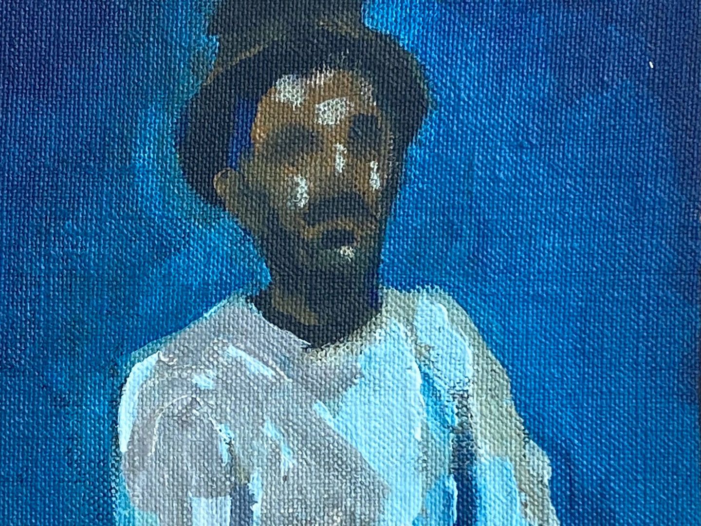 Detail of an oil painting on canvas by Noah Davis, titled Untitled (Man In a Top Hat and Blue Background), dated 2010.