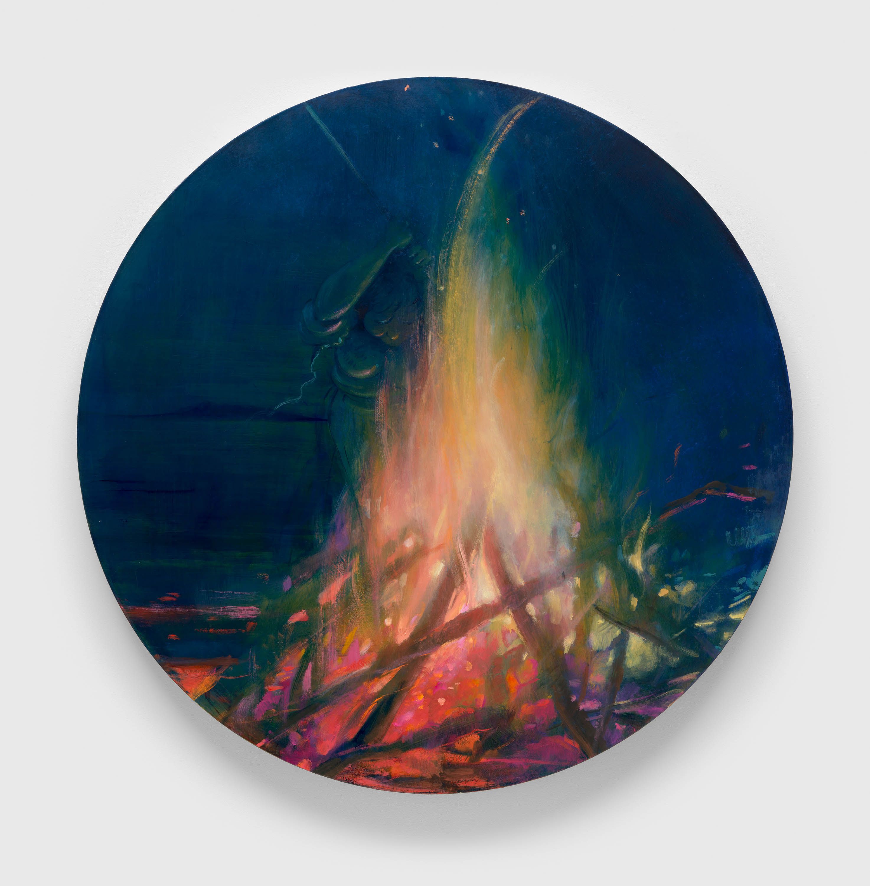 A painting by Lisa Yuskavage, titled Bonfire Tondo, dated 2021.