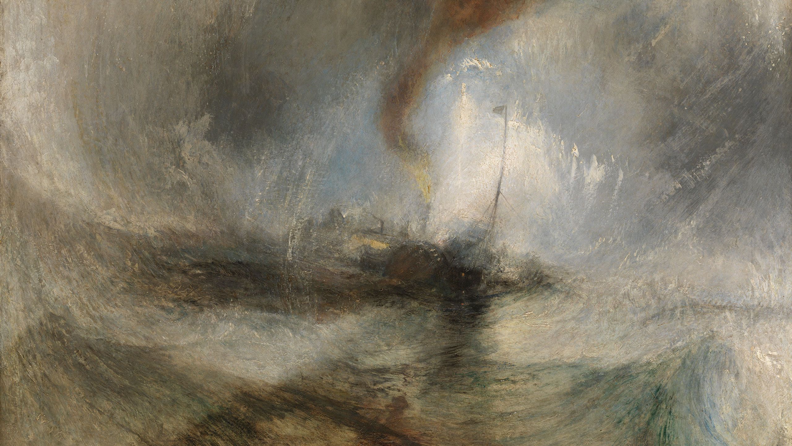 A detail of an artwork by J. M. W. Turner, Snow Storm—Steam-Boat off a Harbour’s Mouth, dated 1842