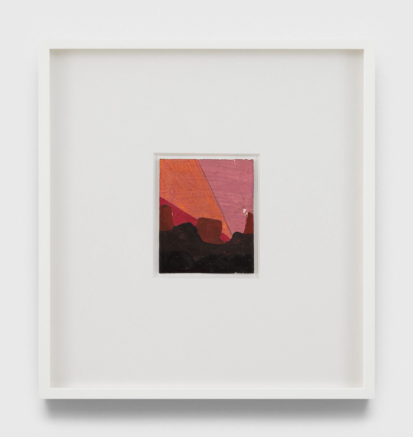 An undated oil painting on Polaroid film cartridge box by Frank Walter, titled Untitled (Black and brown with orange pink and red rainbow).