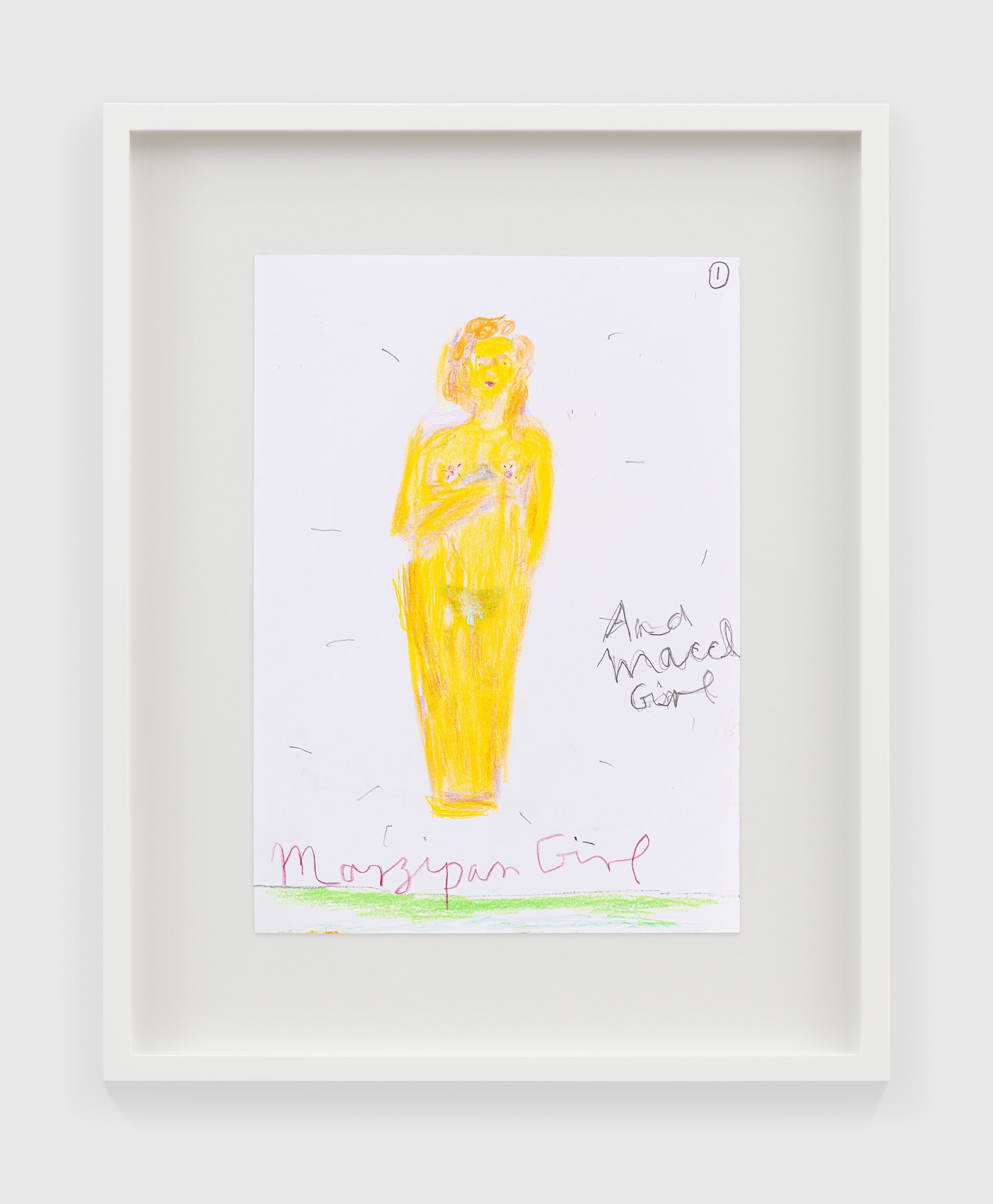 A work on paper by Rose Wylie, titled Yellow Marzipan Girl, dated 2022.