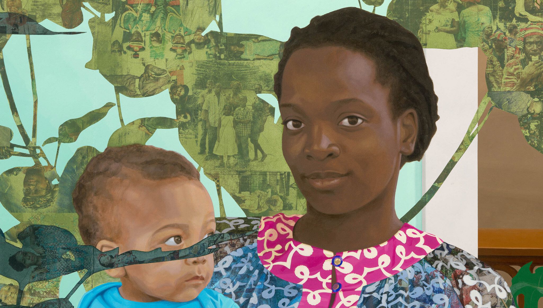 A detail of an artwork b y Njideka Akunyili Crosby, titled Still You Bloom in This Land of No Gardens, dated 2021