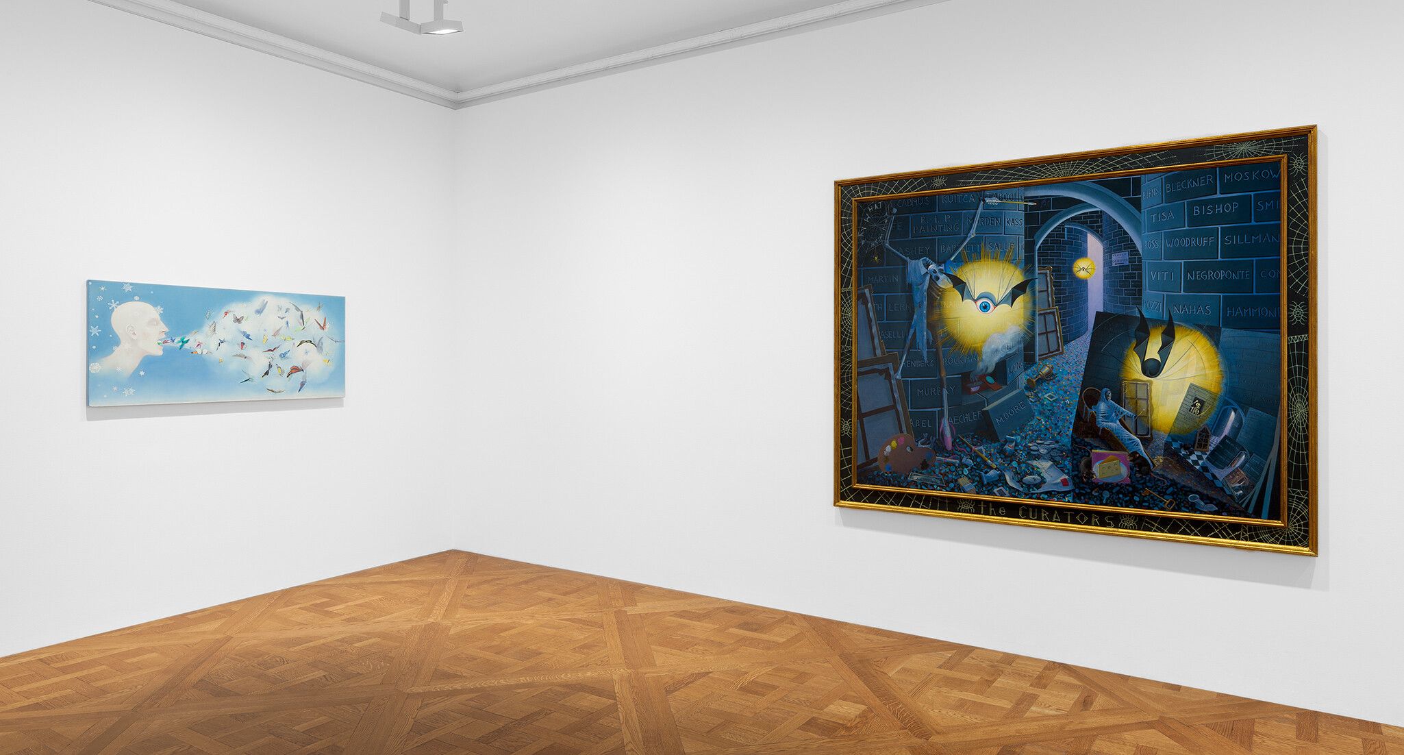 An installation view of an exhibition titled Frank Moore: Five Paintings, at David Zwirner, New York, in 2022.