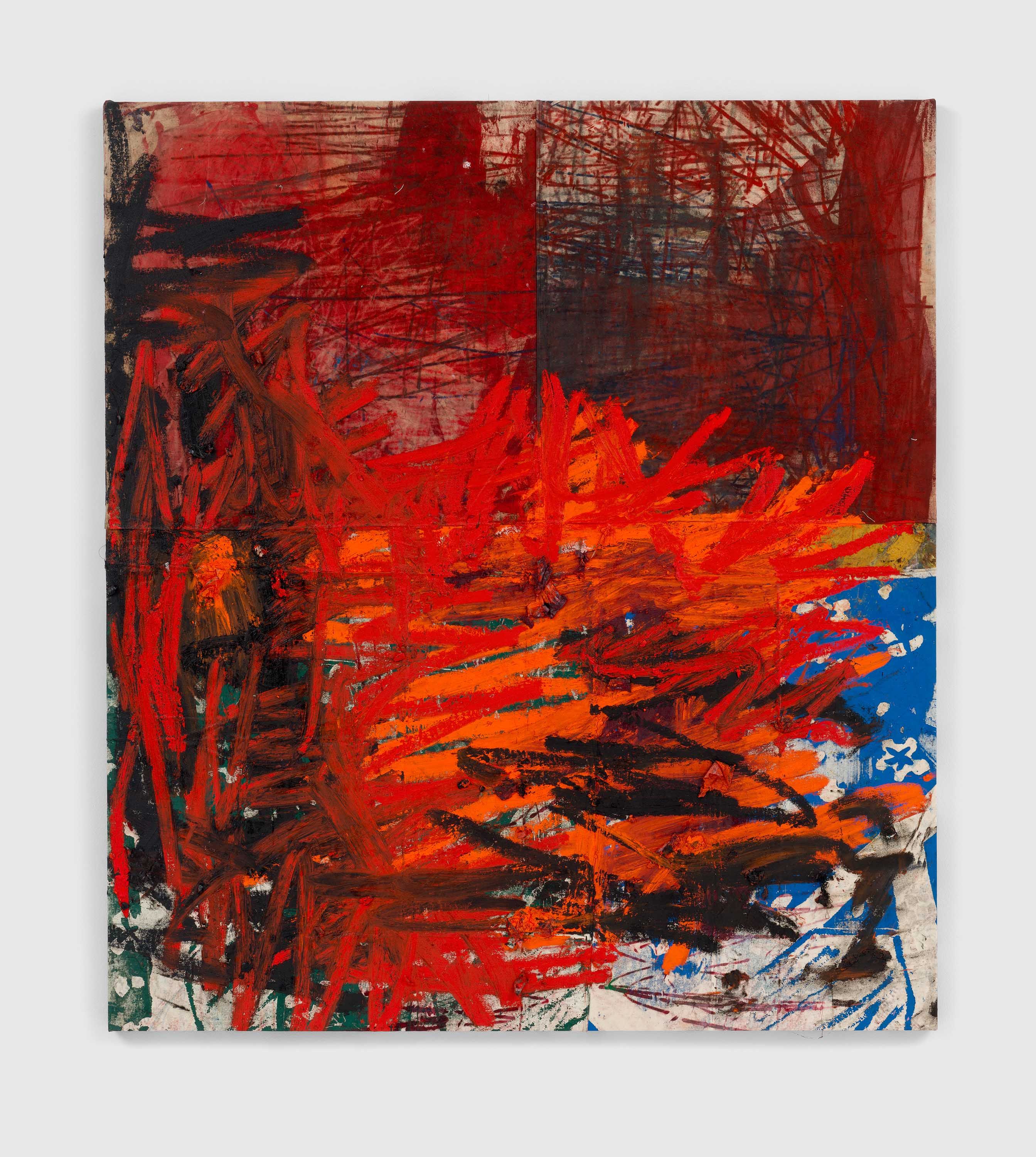 An oil, oil stick, graphite, and spray paint on canvas and linen artwork by Oscar Murillo, titled news, 2020 to 2022.