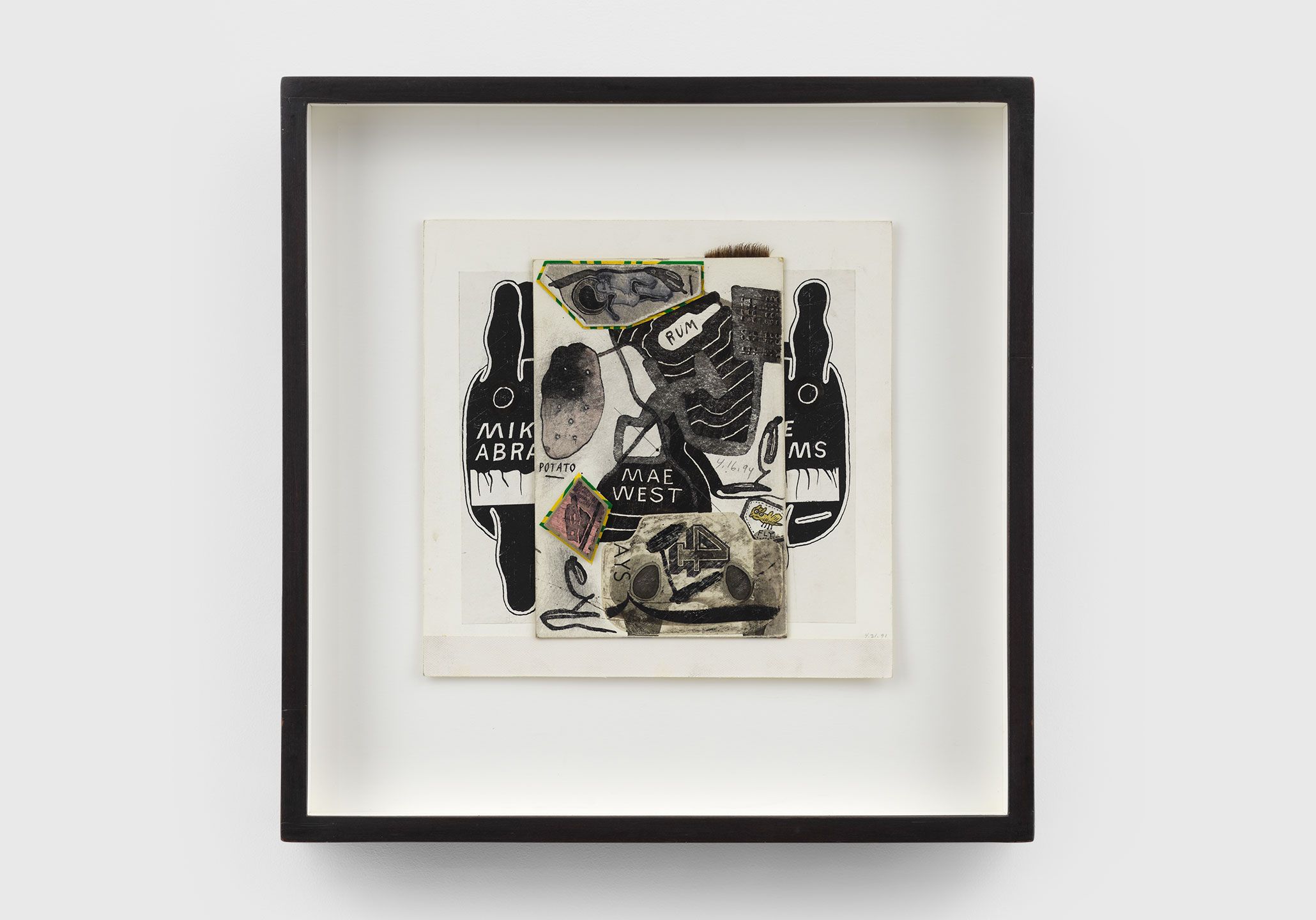 A mixed media work by Ray Johnson titled Untitled (Mae West, Rum and Potato), 1991, dated 1994.