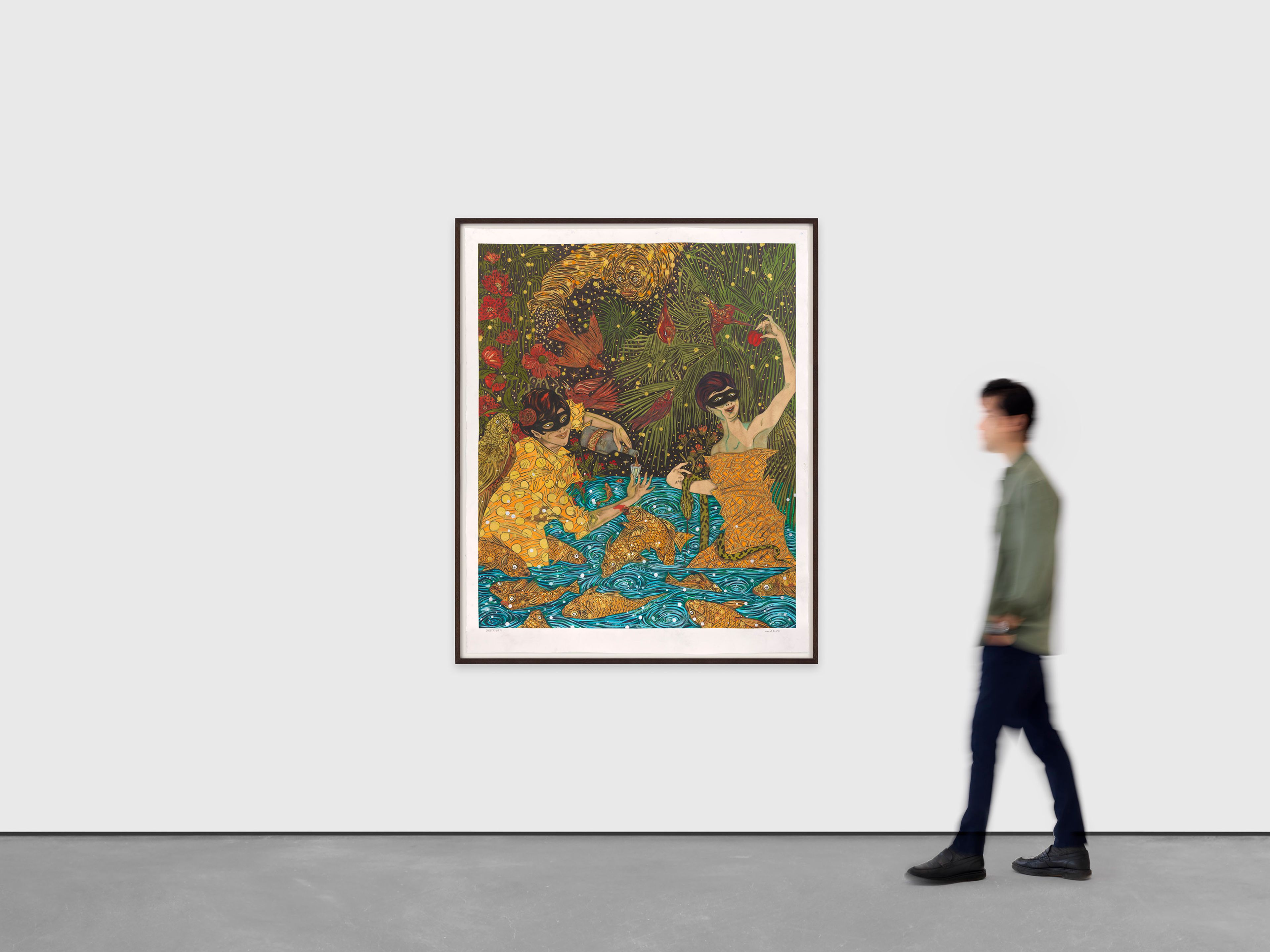 A work on paper by Marcel Dzama, titled Dionysus & Eve (& the fermented forbidden fruit), dated 2024.