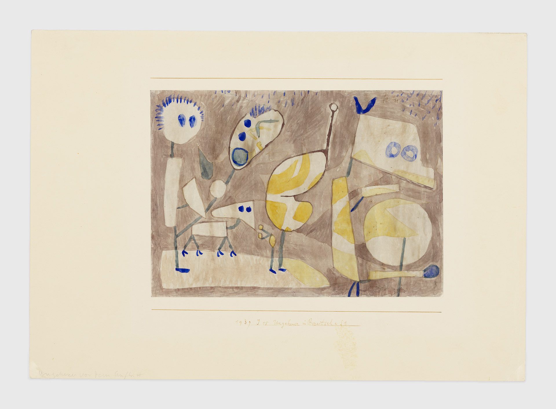 A pen and watercolor work on paper on cardboard by Paul Klee, titled Ungeheuer in Bereitschaft (Monsters in readiness), dated 1939.