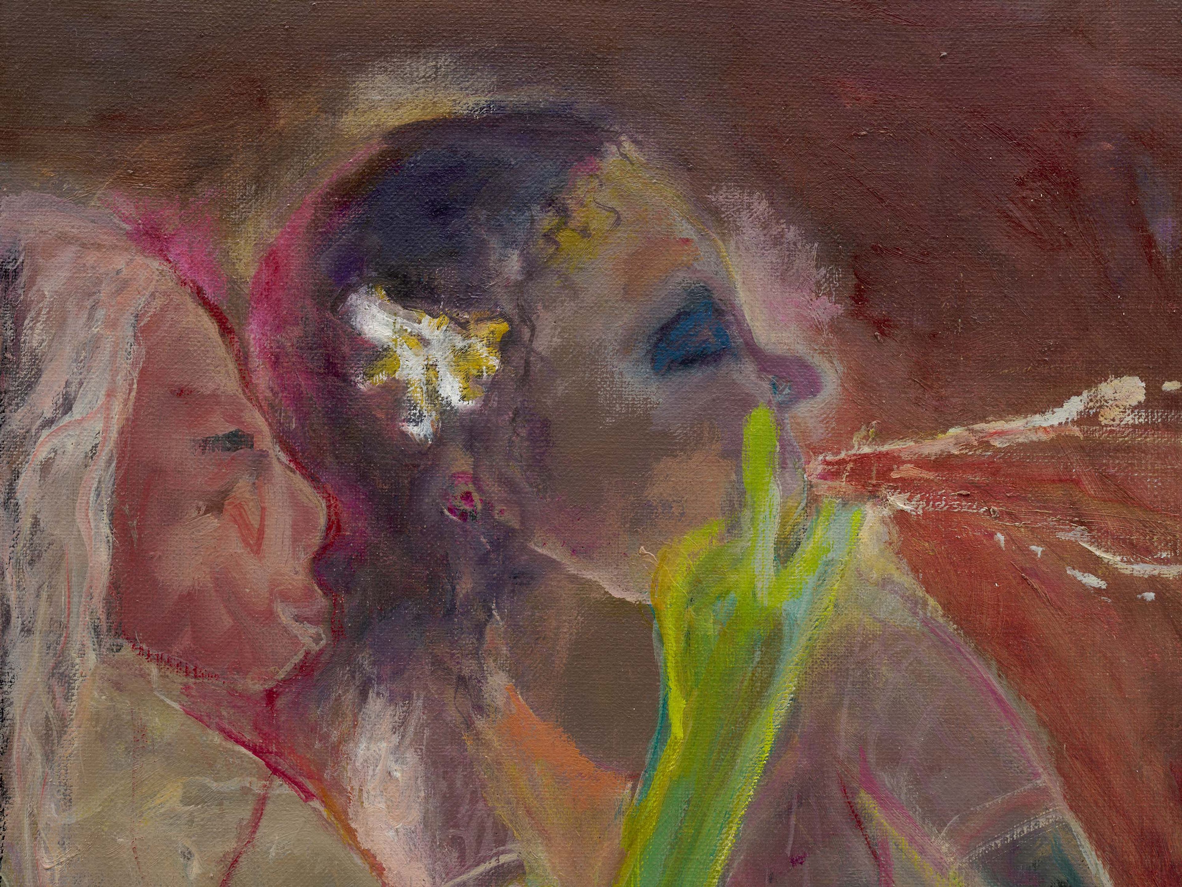 A detail from a painting by Sosa Joseph, titled Teri Mazha (the rain of profanities), dated 2024 to 2025.