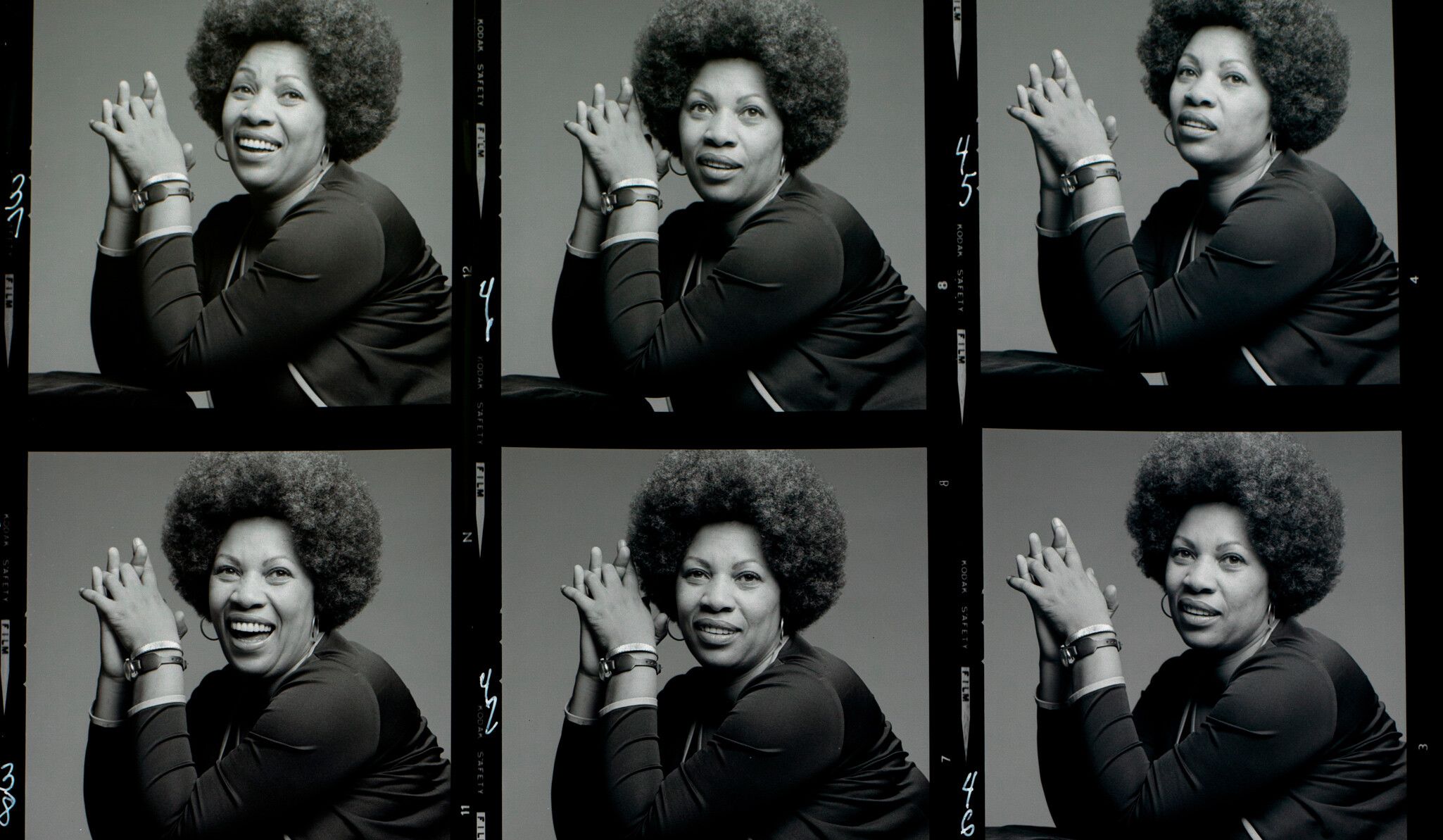 A detail from Contact sheet of studio photographs of Toni Morrison by photographer Dwight Carter, dated 1973