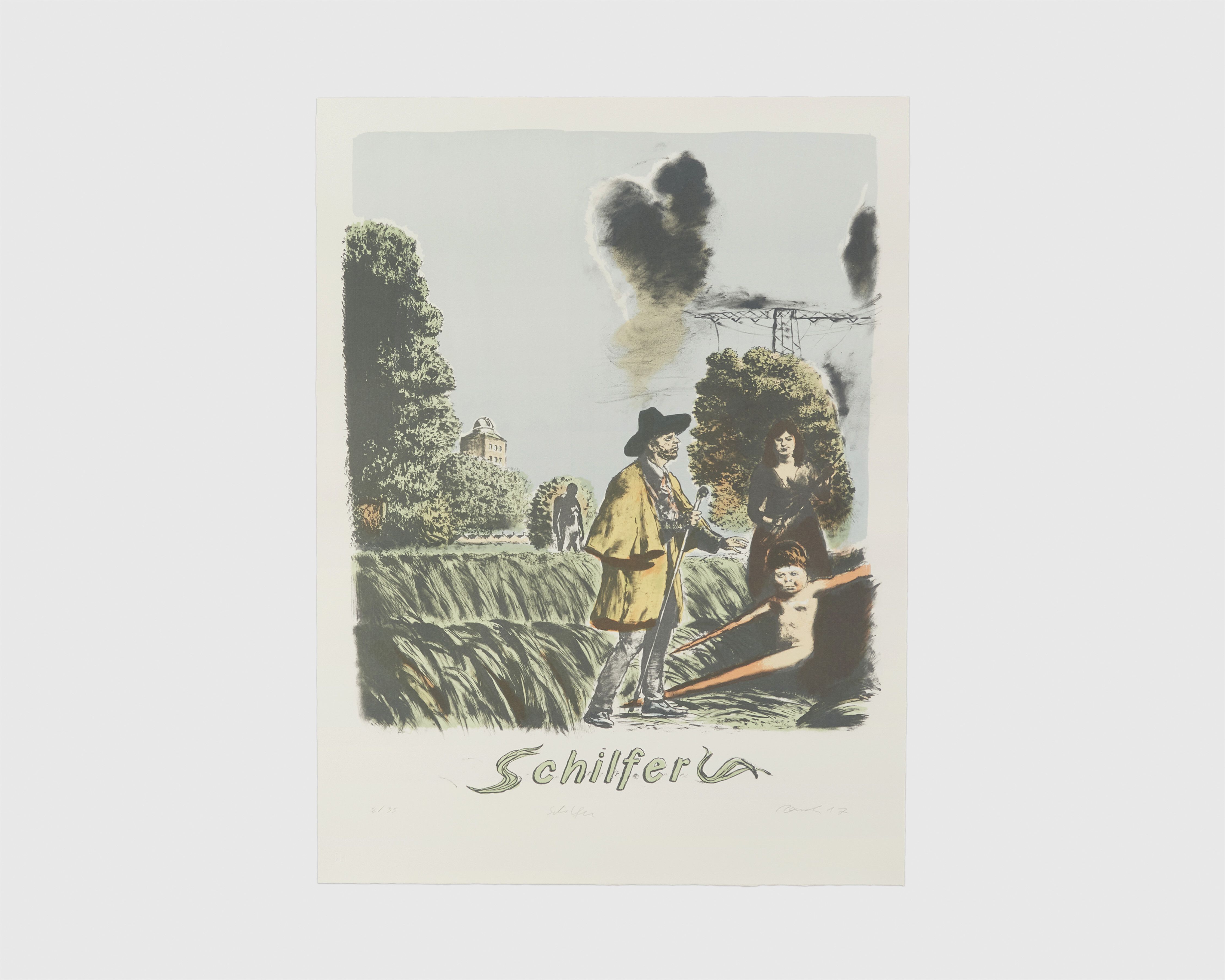 A six-color lithograph and chalk on Hahnemühle Alt Worms paper by Neo Rauch, titled Schilfer, dated 2017.