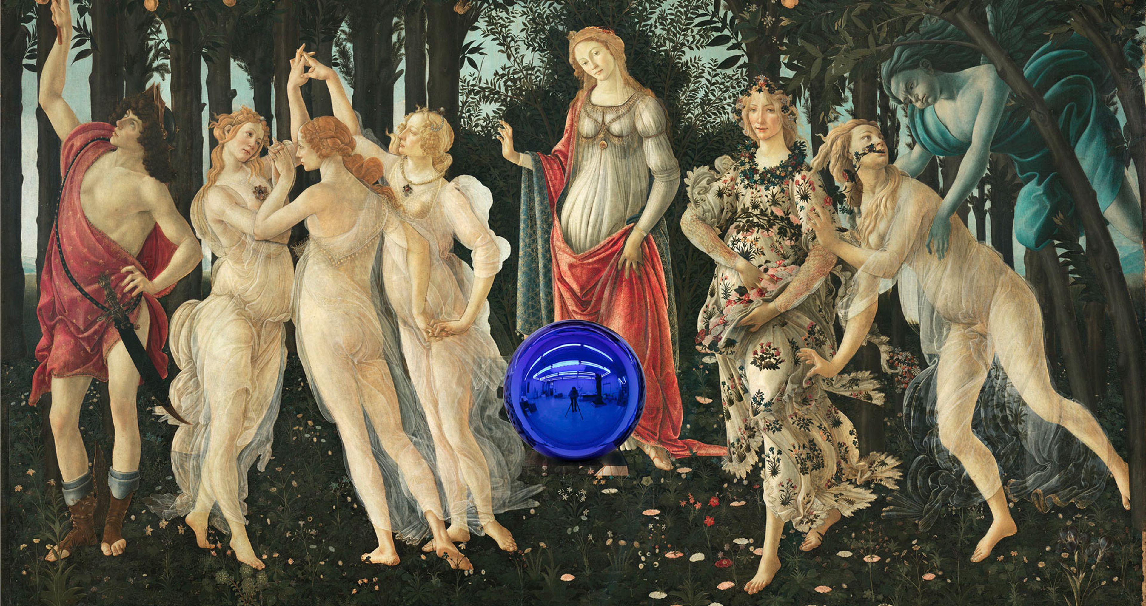 A detail from a painting by Jeff Koons, titled Gazing Ball (Botticelli Primavera), dated 2017-2020.