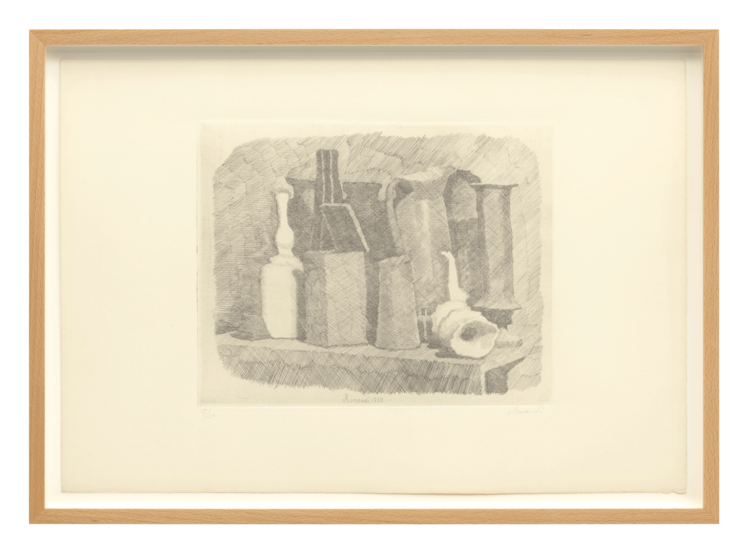 An etching on paper by Giorgio Morandi, titled Natura morta (Still Life), dated 1930.