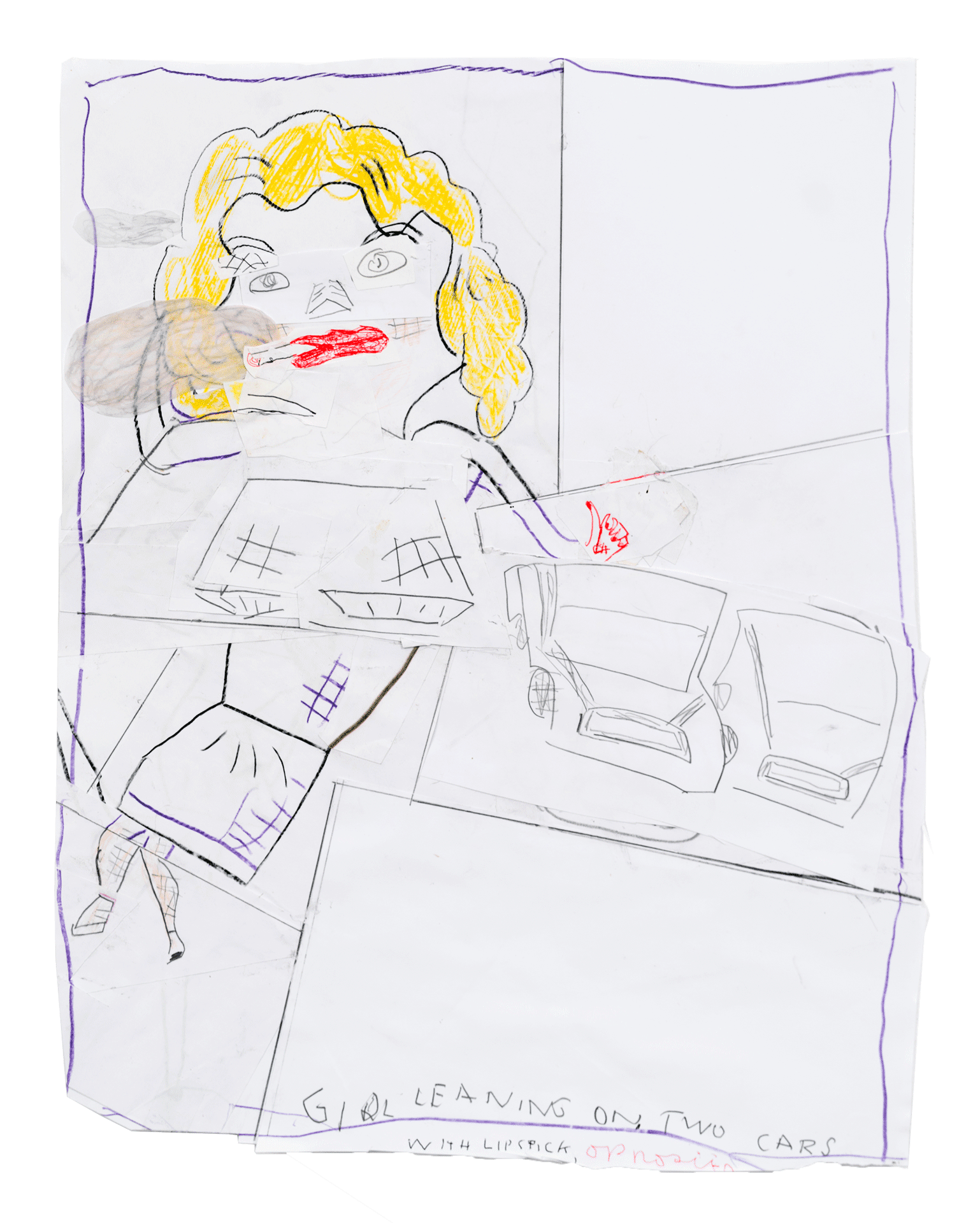 A painting by Rose Wylie, titled Girl Leaning on Two Cars with Lipstick, dated 2018. 