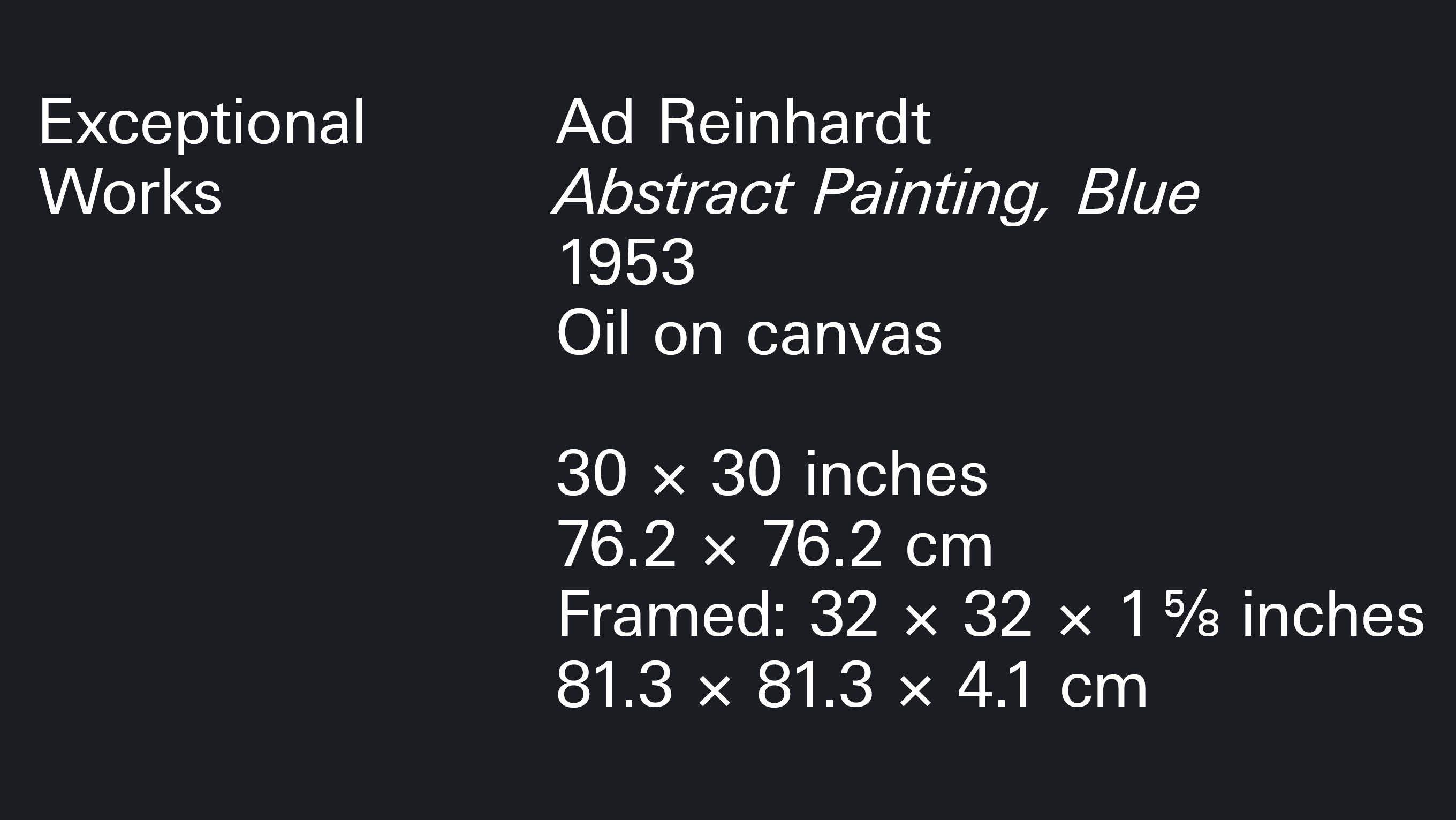 A title card for a viewing room featuring a work by Ad Reinhardt titled Abstract Painting, Blue, made in 1953.