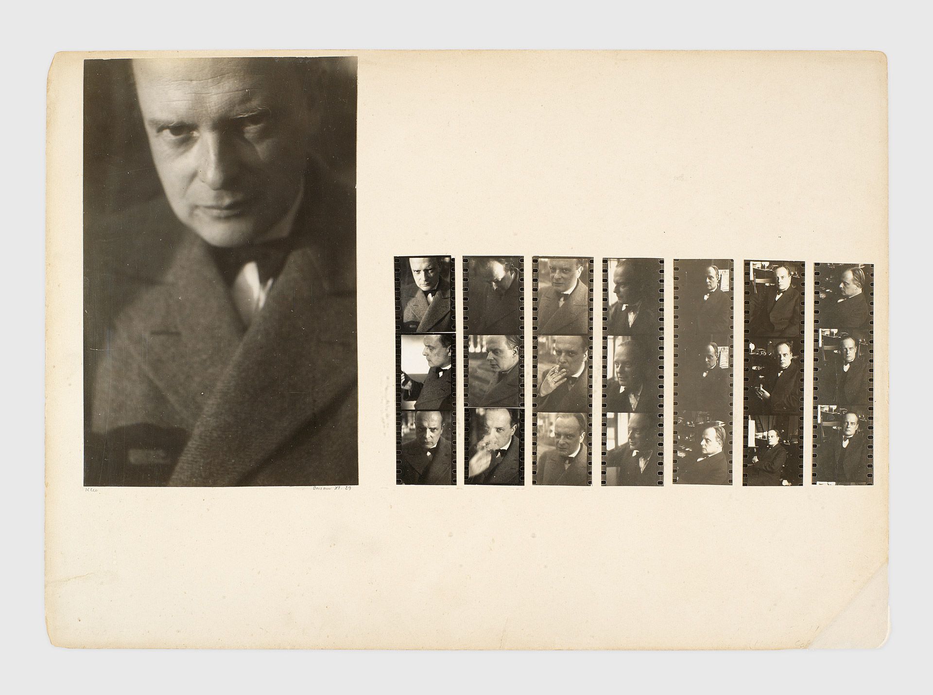 Gelatin silver prints by Josef Albers mounted on cardboard, titled Klee, Dessau XI. 29, dated 1929.