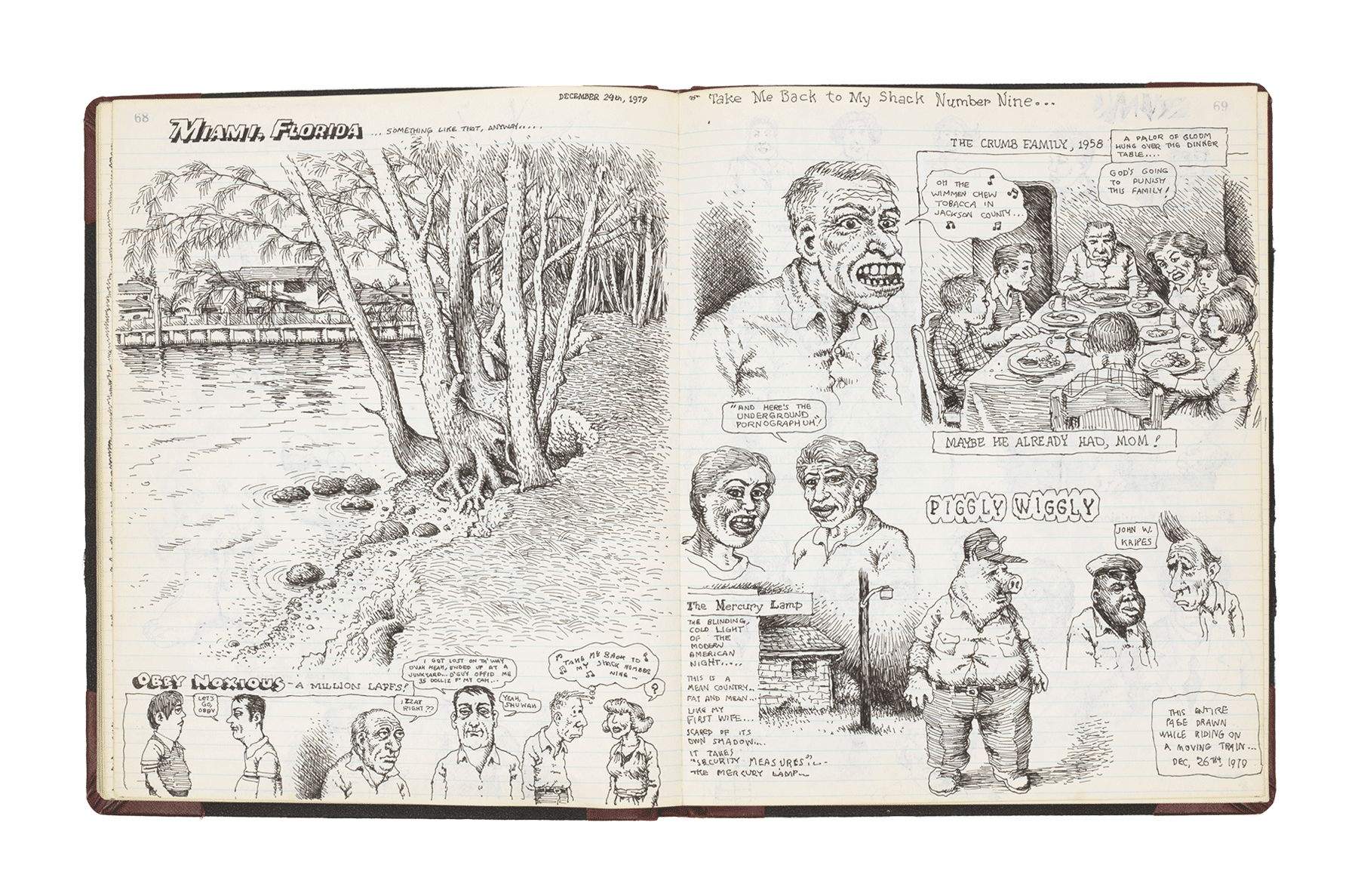 Spread from a sketchbook by R. Crumb, dated 1979 to 1981.
