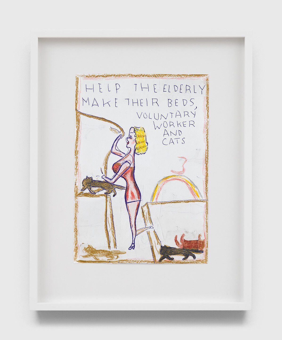 A collage on paper by Rose Wylie, titled Voluntary worker, dated 2020.