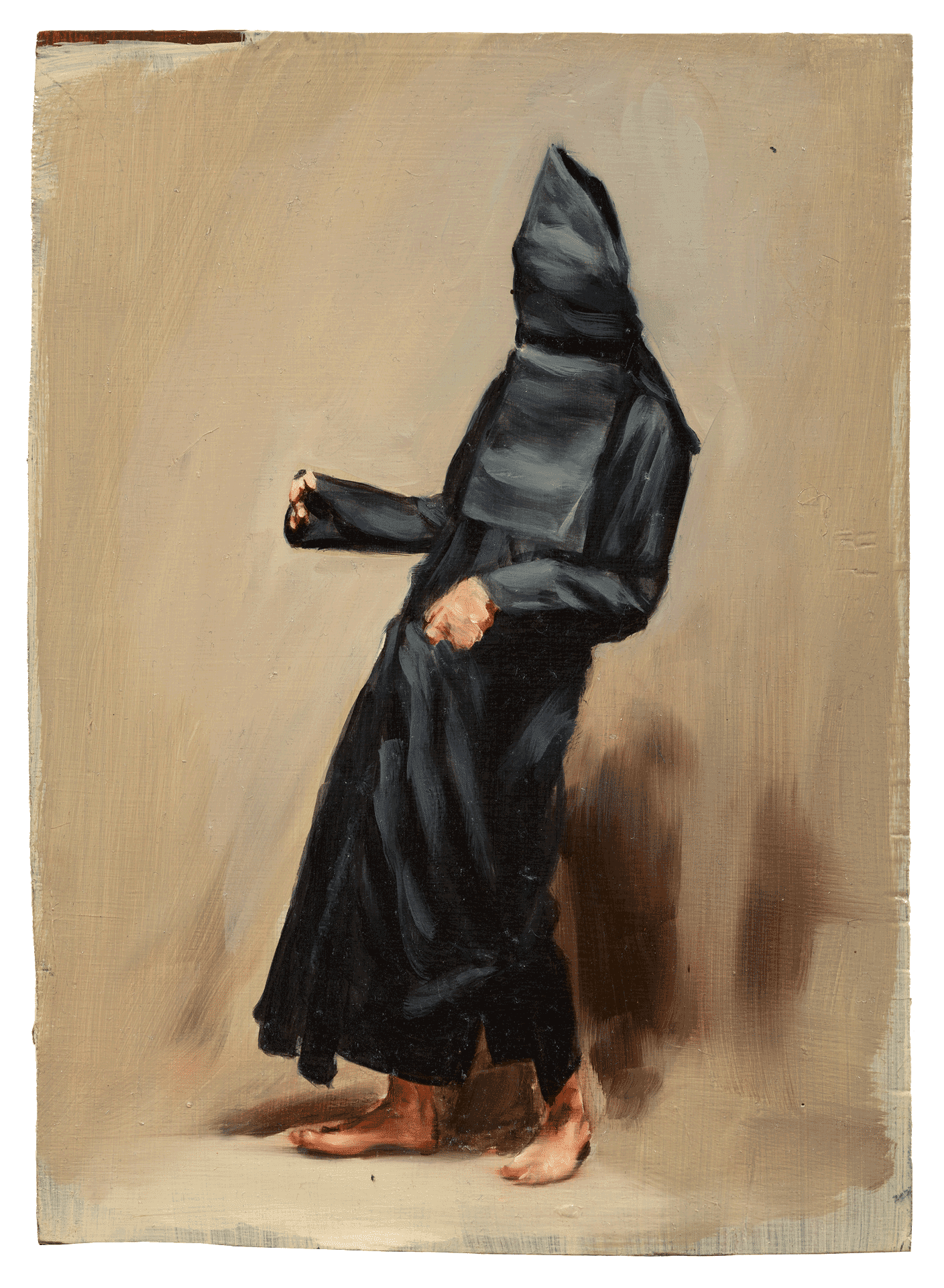 A painting by Michaël Borremans, titled Black Mould / Pogo, dated 2015.