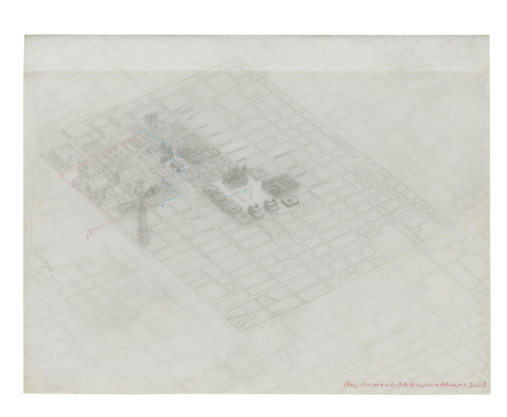 A drawing by Francis Alÿs, titled (Pacing: Studio ↔1. Metro Bellas Artes, ↔2. M. Allende, ↔3. Zócalo), dated 2002.