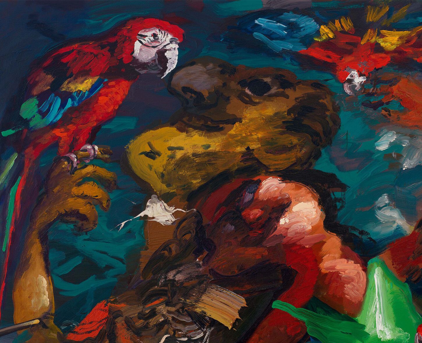A detail of n artwork by Dana Schutz titled Parrots, dated 2023