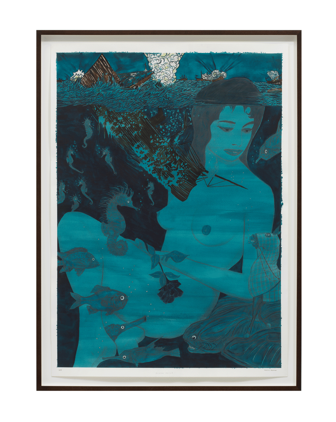A work on paper by Marcel Dzama, titled Ocean child, dated 2018.