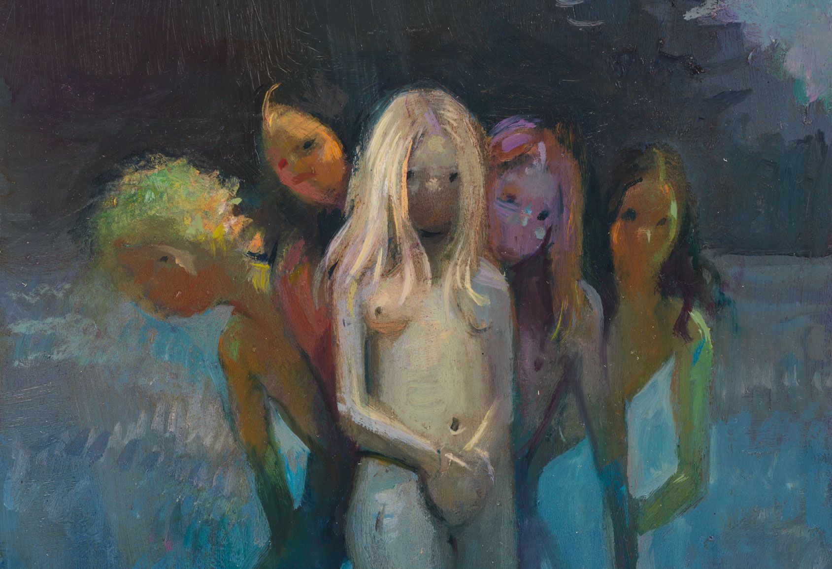 A detail from a painting by Lisa Yuskavage, titled Little Hippies, dated 2013.