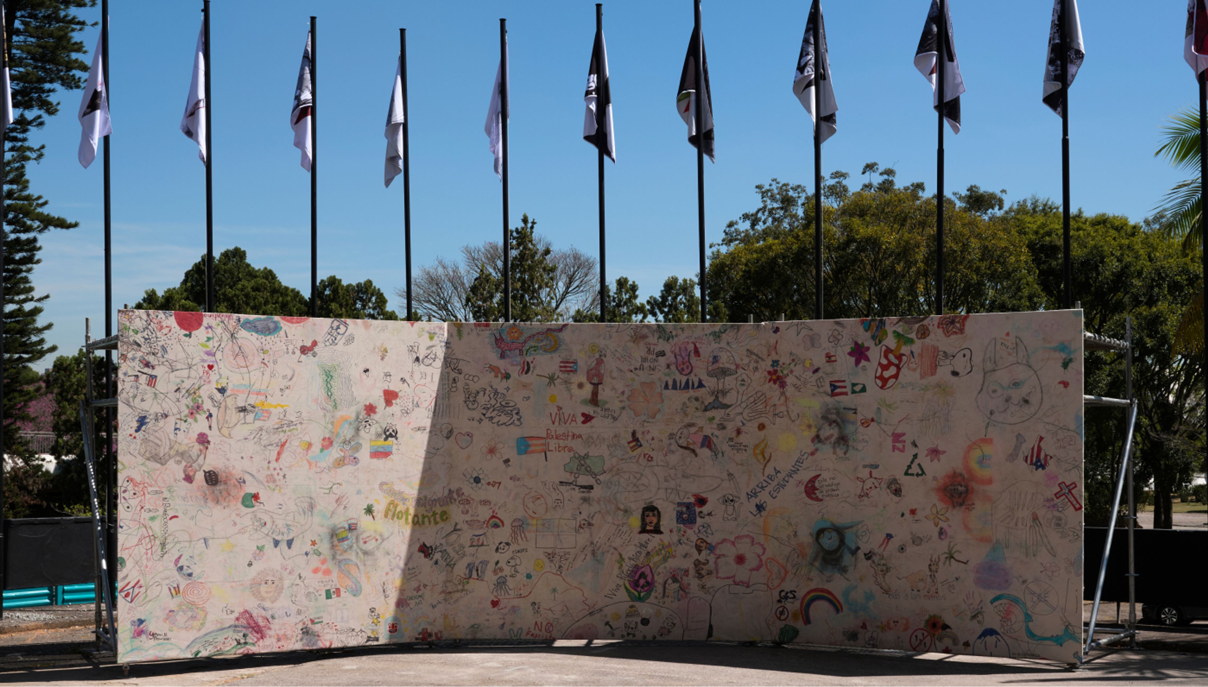 An artwork by Oscar Murillo titled A song to a tearful garden dated 2025.