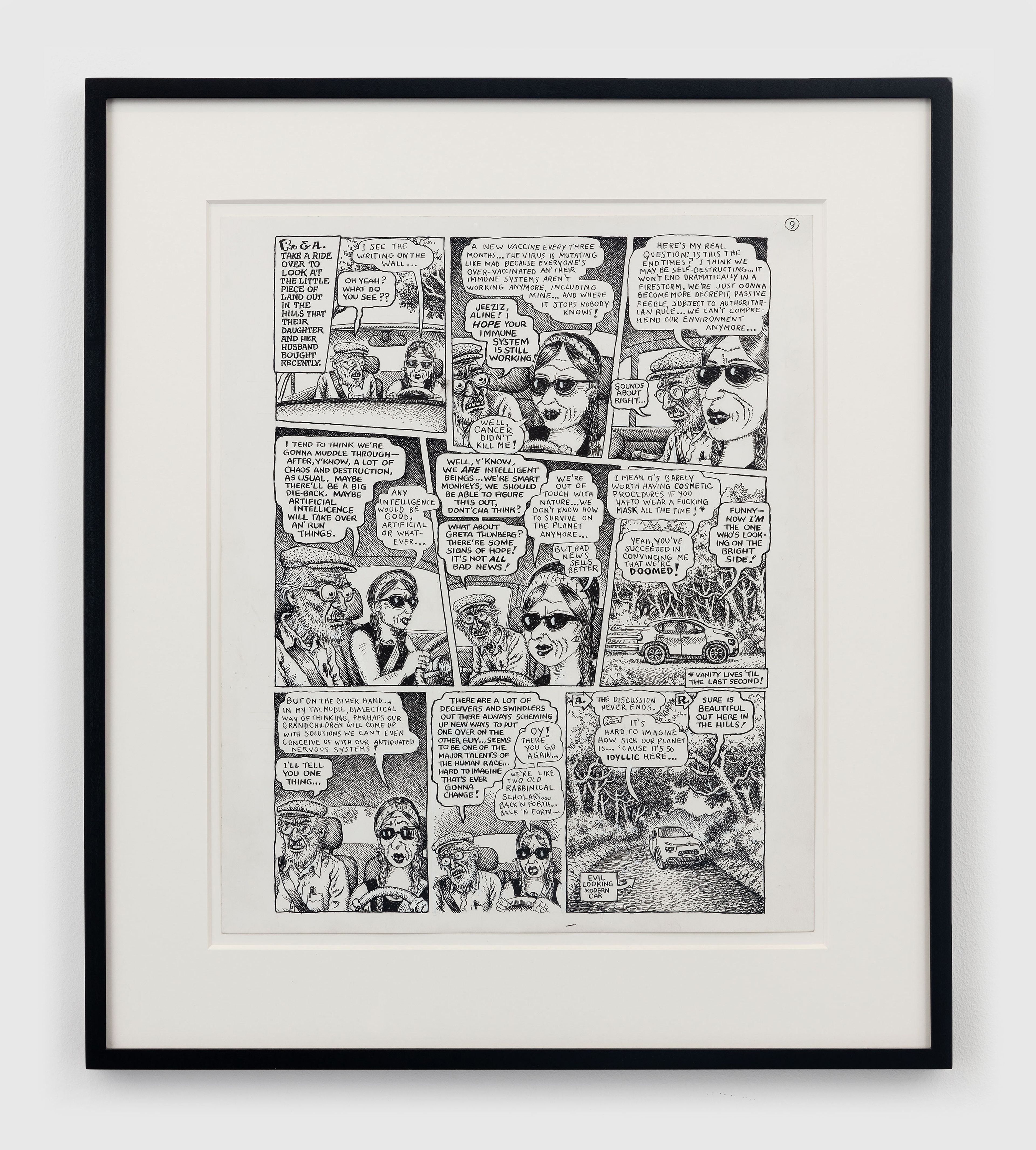 A 10-page ink and correction fluid on paper artwork by Aline Kominsky-Crumb and R. Crumb, titled Crumb Family Covid Exposé, dated 2021.