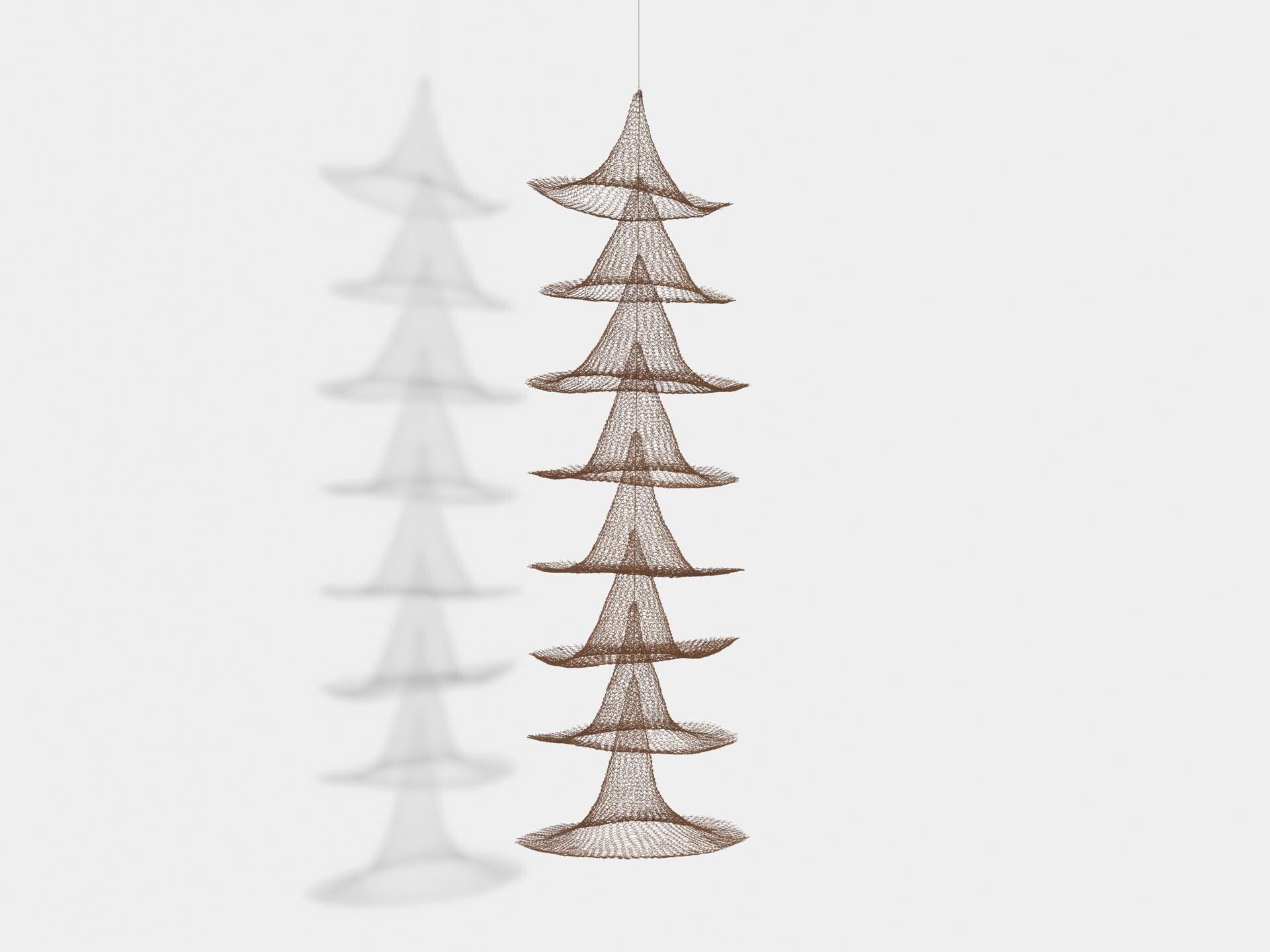 A sculpture by Ruth Asawa, titled Untitled (S.030, Hanging Eight Separate Cones Suspended Through Their Centers), dated circa 1952.