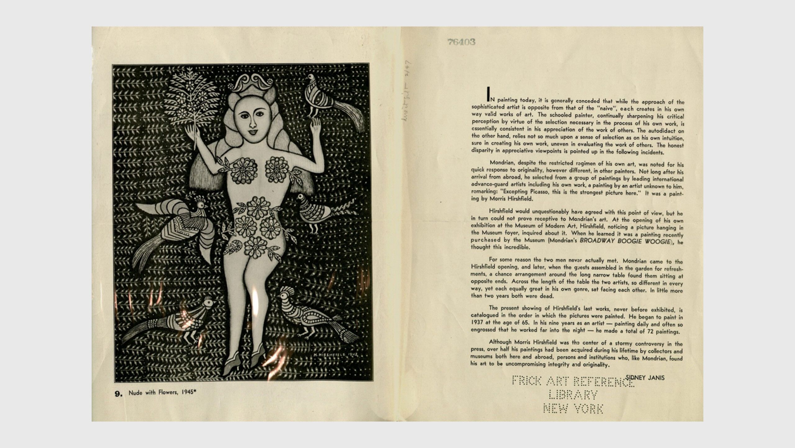Exhibition brochure for Memorial Showing of the Last Paintings of Morris Hirshfield, Art of This Century, New York, 1947, with foreward by Sidney Janis