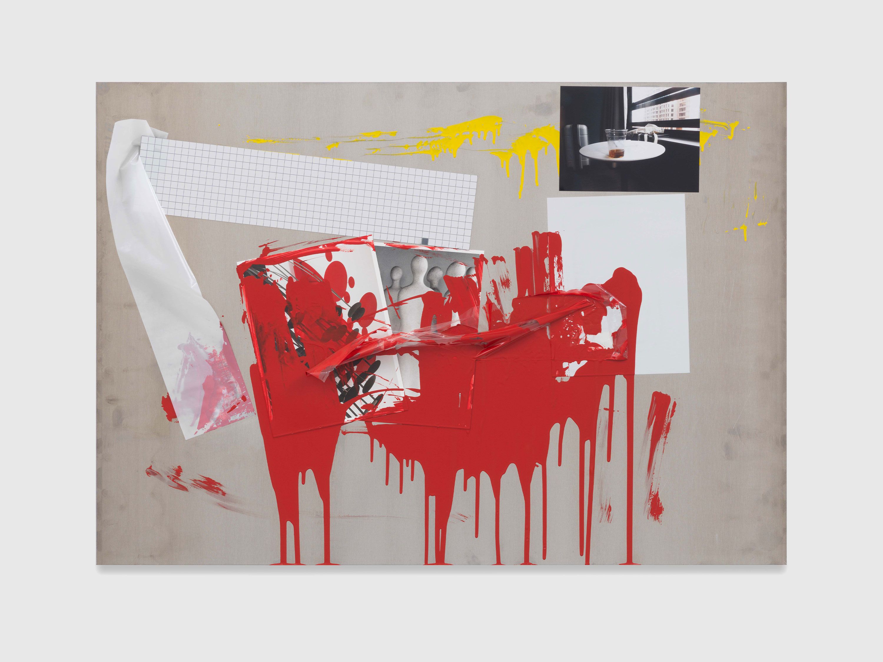 An untitled acrylic lacquer, mirror foil, c-print, card, plastic foil, and paper on aluminium panel work by Isa Genzken, dated 2018.