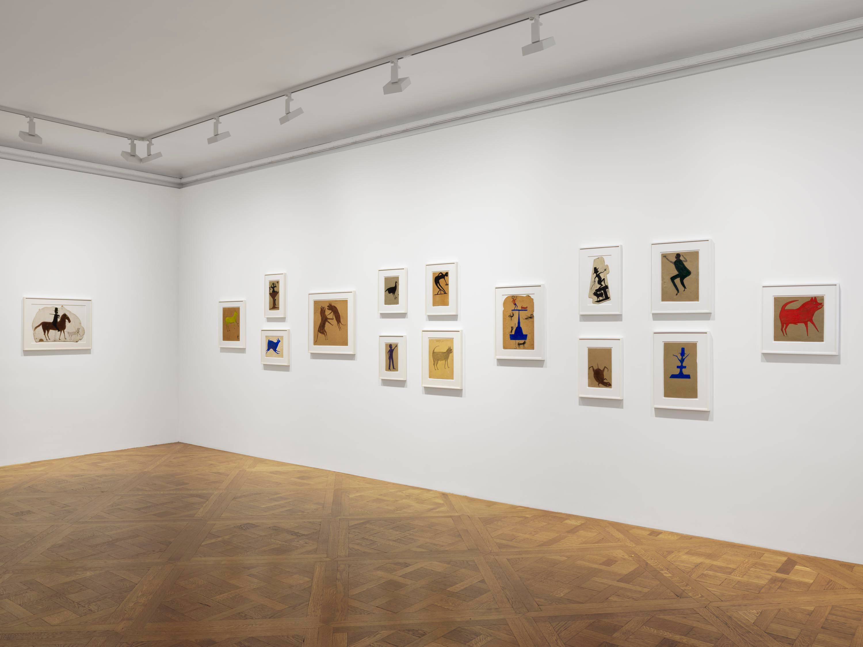 An installation view featuring works by Bill Traylor, dated 2019