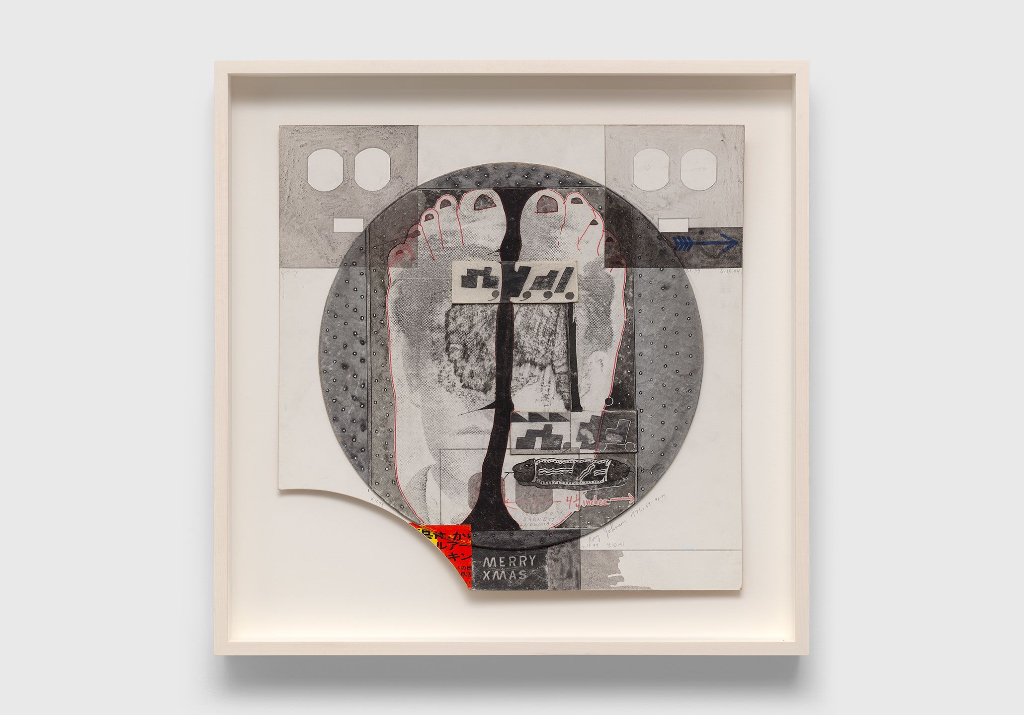 A collage on illustration board by Ray Johnson, titled Untitled (Merry Xmas), dated 1975, 1989, 1991, 1994.